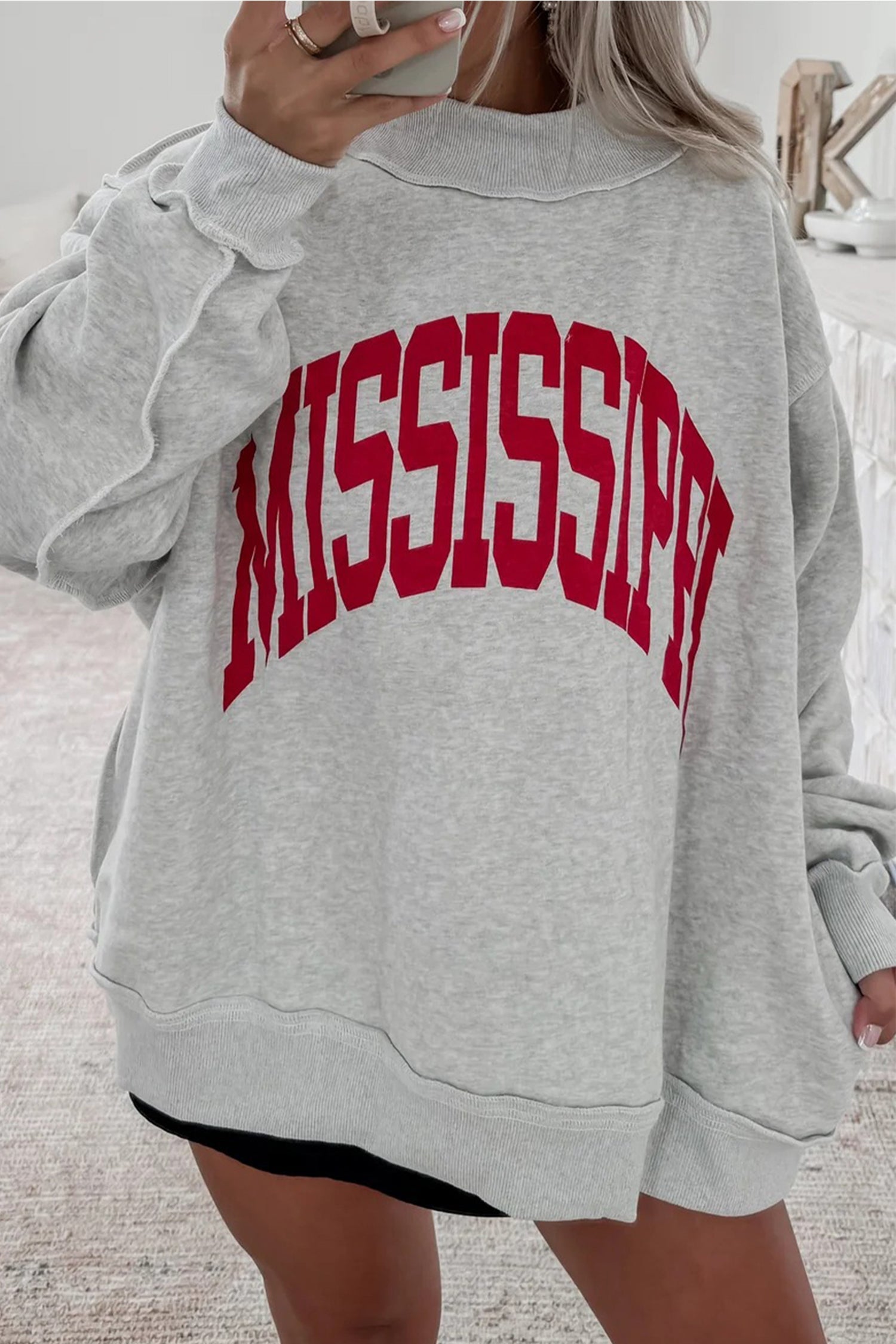 Light Grey MS Reversible Printed Ribbed Patchwork Mock Neck Sweatshirt