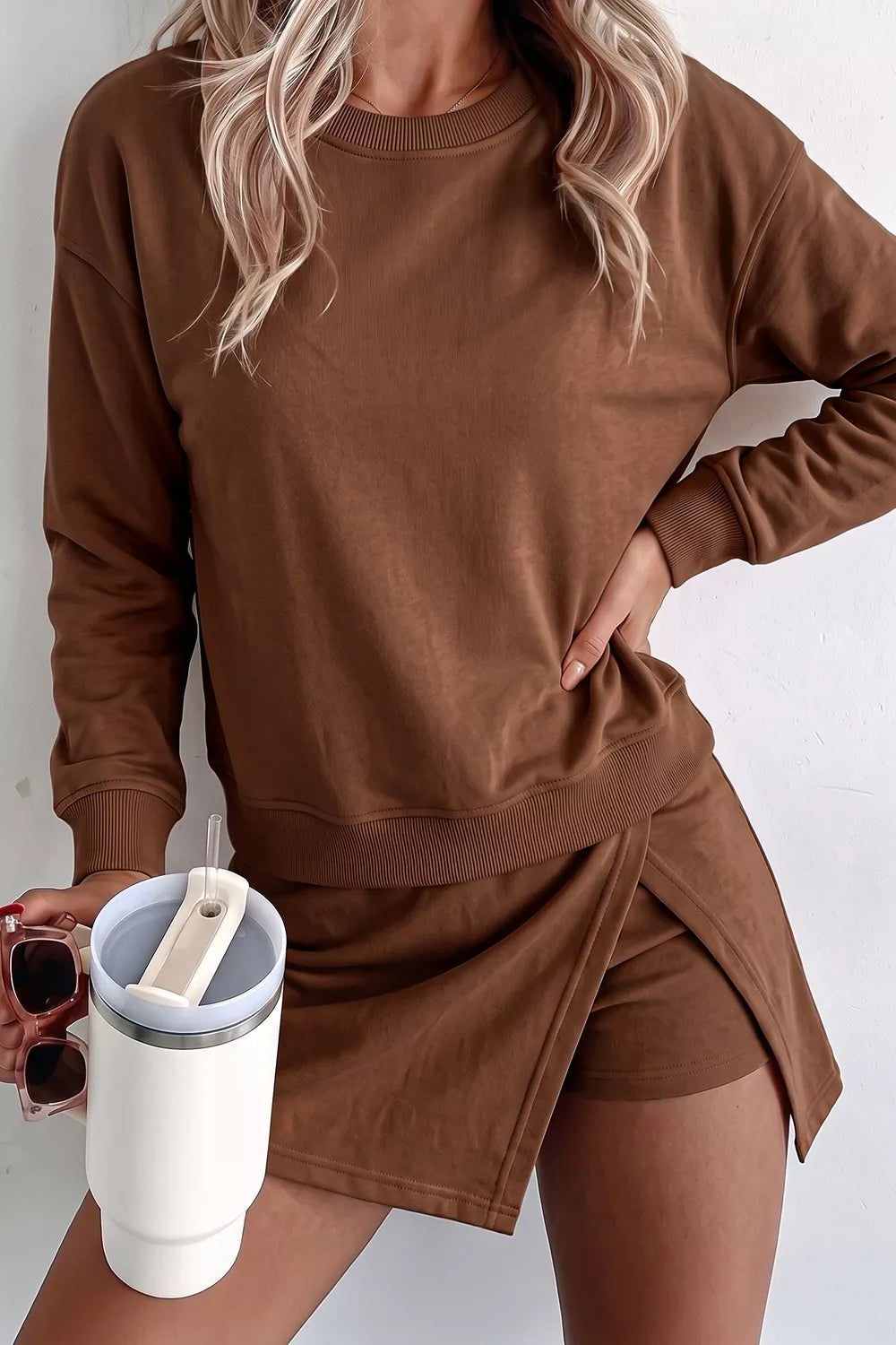 Solid Color Long Sleeve Top Split Skort 2pcs Outfit