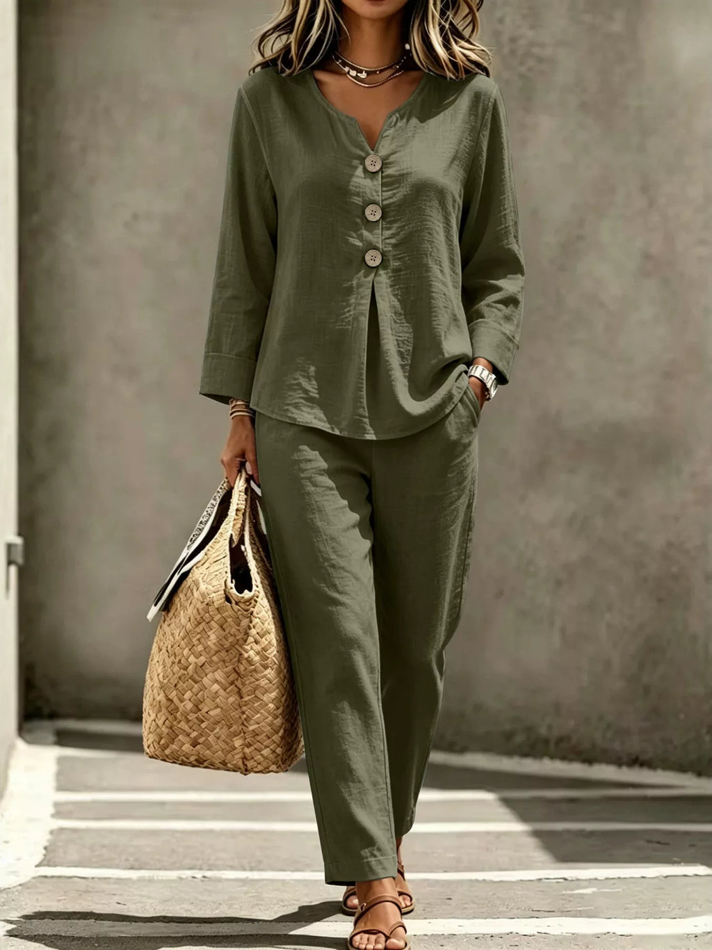 Button Detail Long Sleeve Top and Pants Set