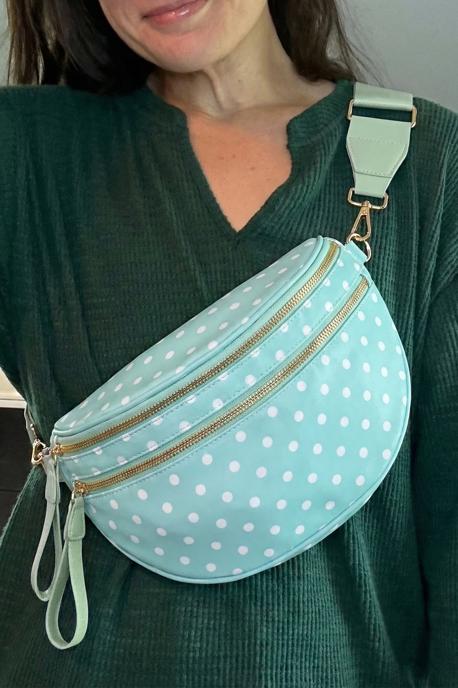 Beau Blue Retro Polka Dot Print Double Zip Crossbody Bag