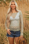 Laurel Green Vintage Floral Print Southern Style Mesh Long Sleeve Top