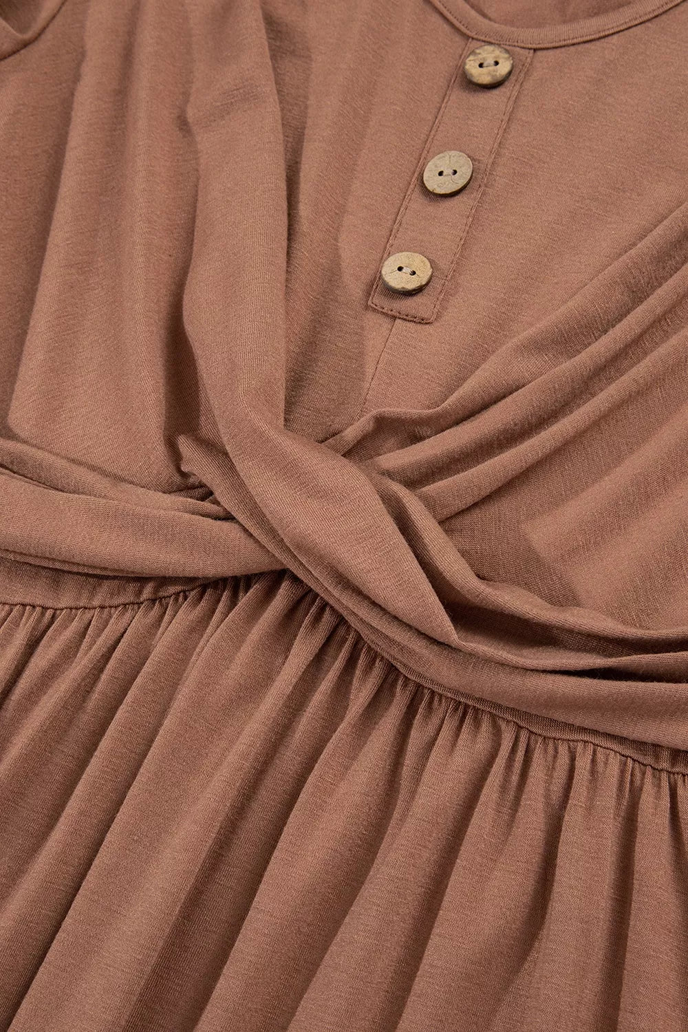 Shirred Cuff Long Sleeve Button Round Neck Mini Dress