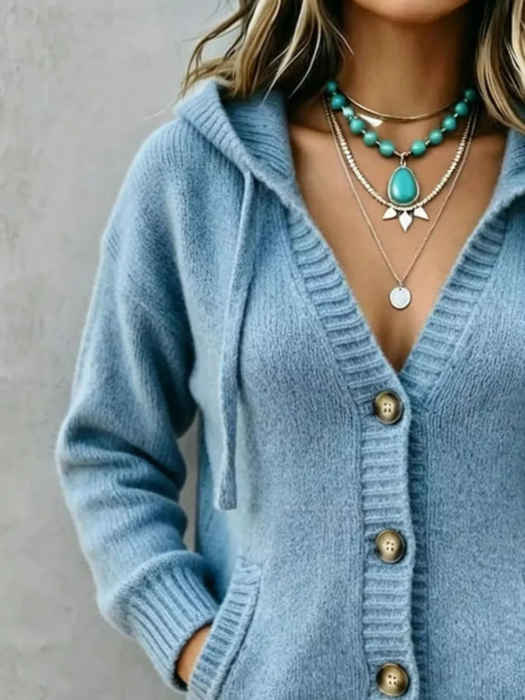 Hooded Button-Down Knit Cardigan with Pockets