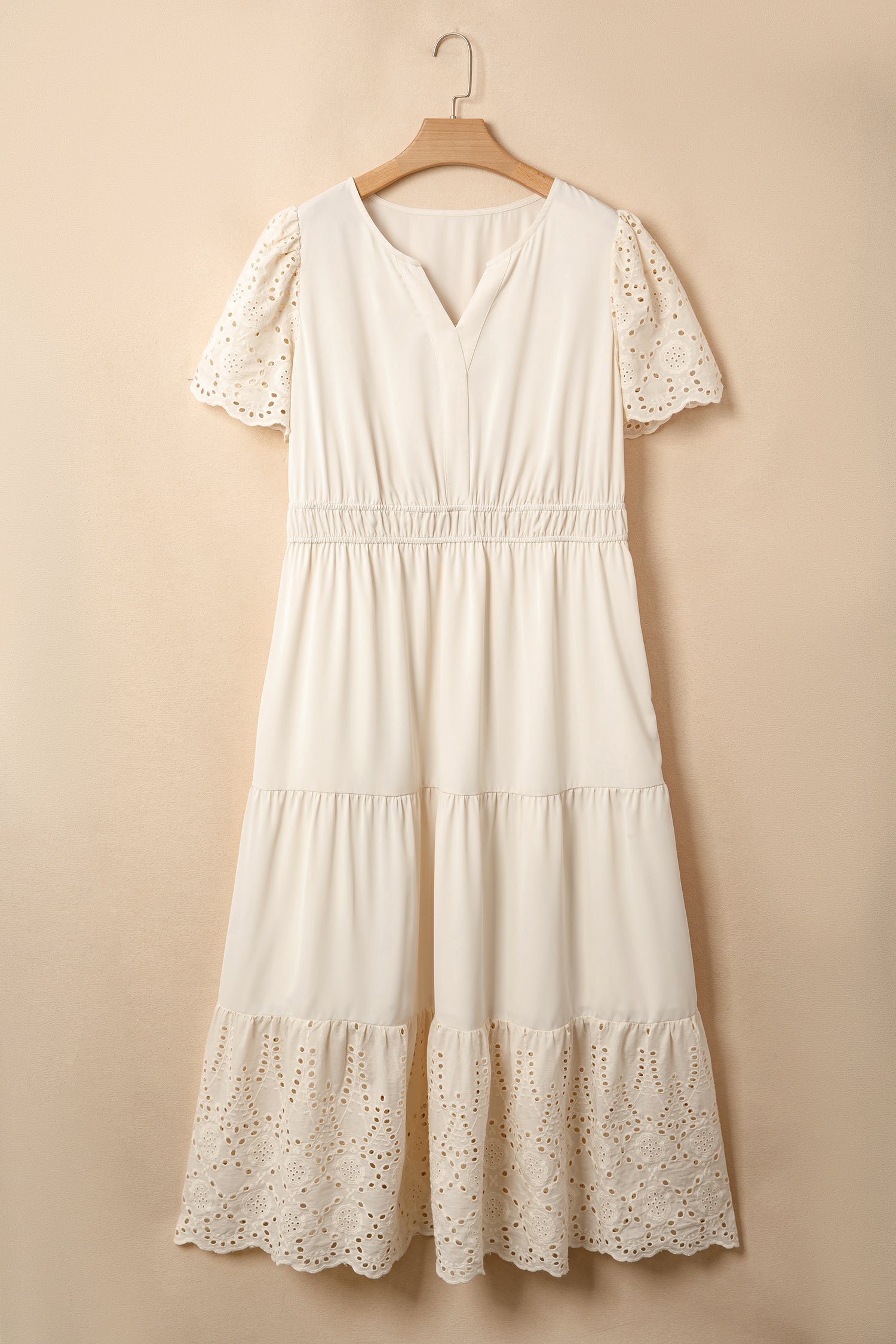 Apricot Plus Size V Neck Lacy Embroidery Patchwork Short Sleeve Maxi Dress