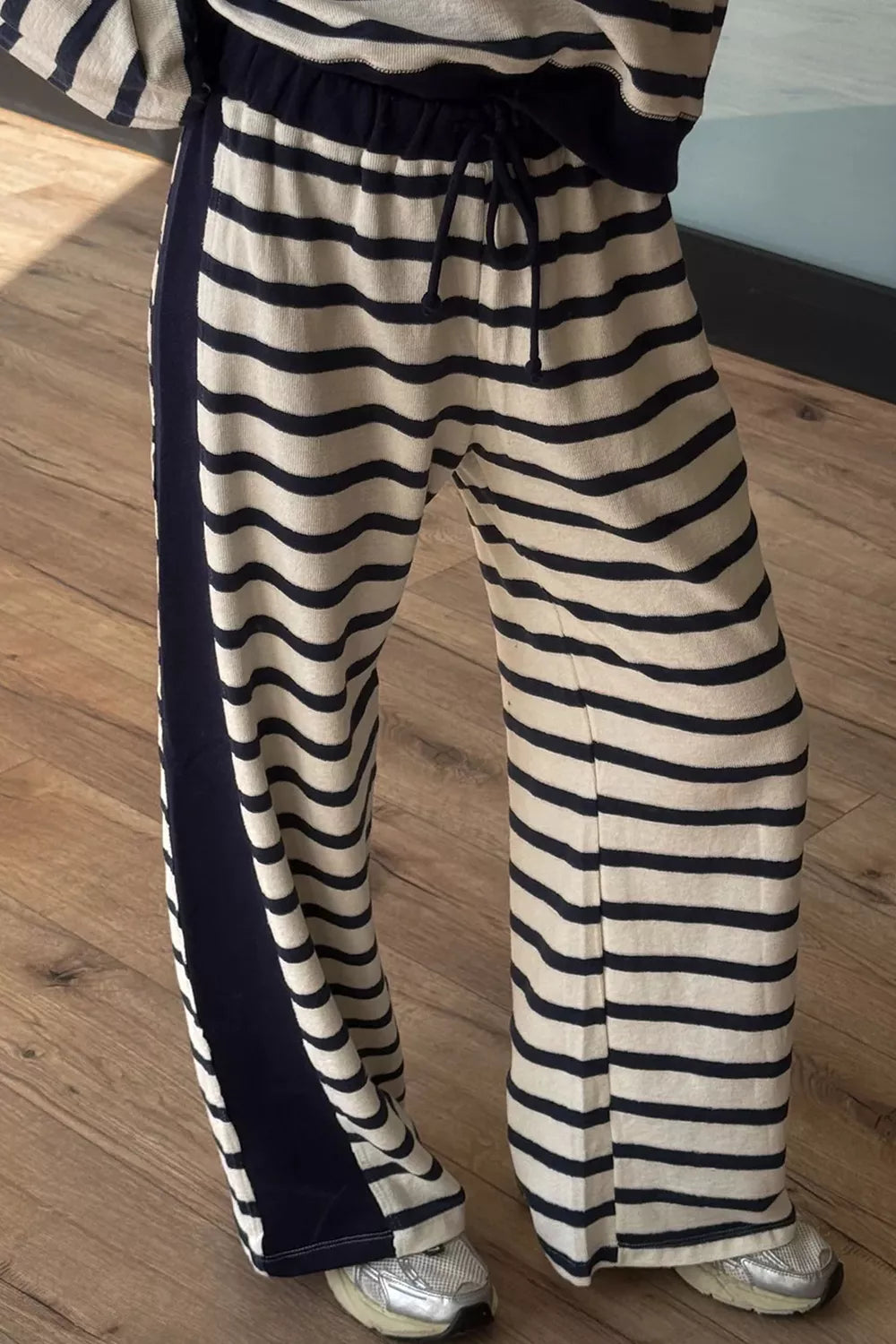 Stripe Relaxed Long Sleeve Top Color Block Detail Drawstring Pant Set