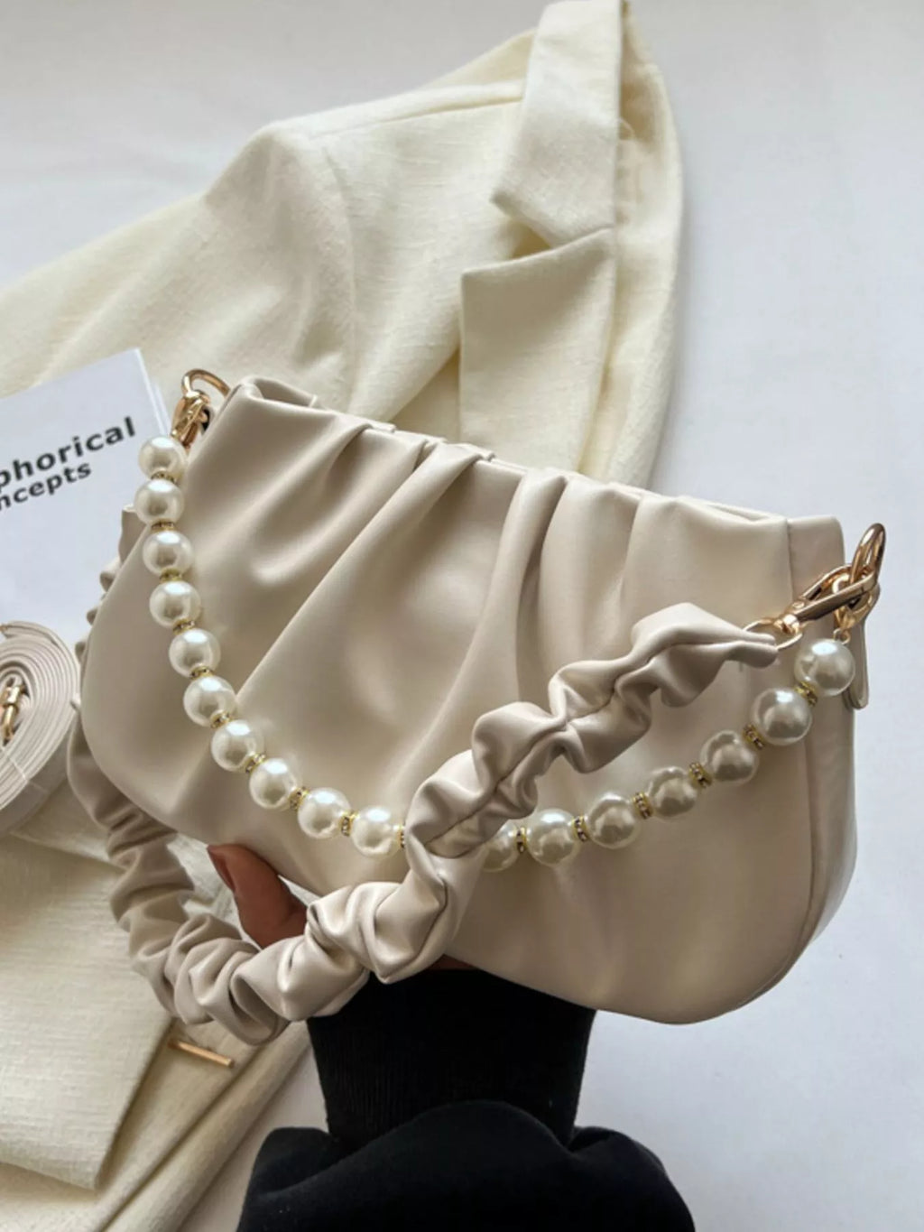 Ruched Shoulder Bag with Pearl Embellishment
