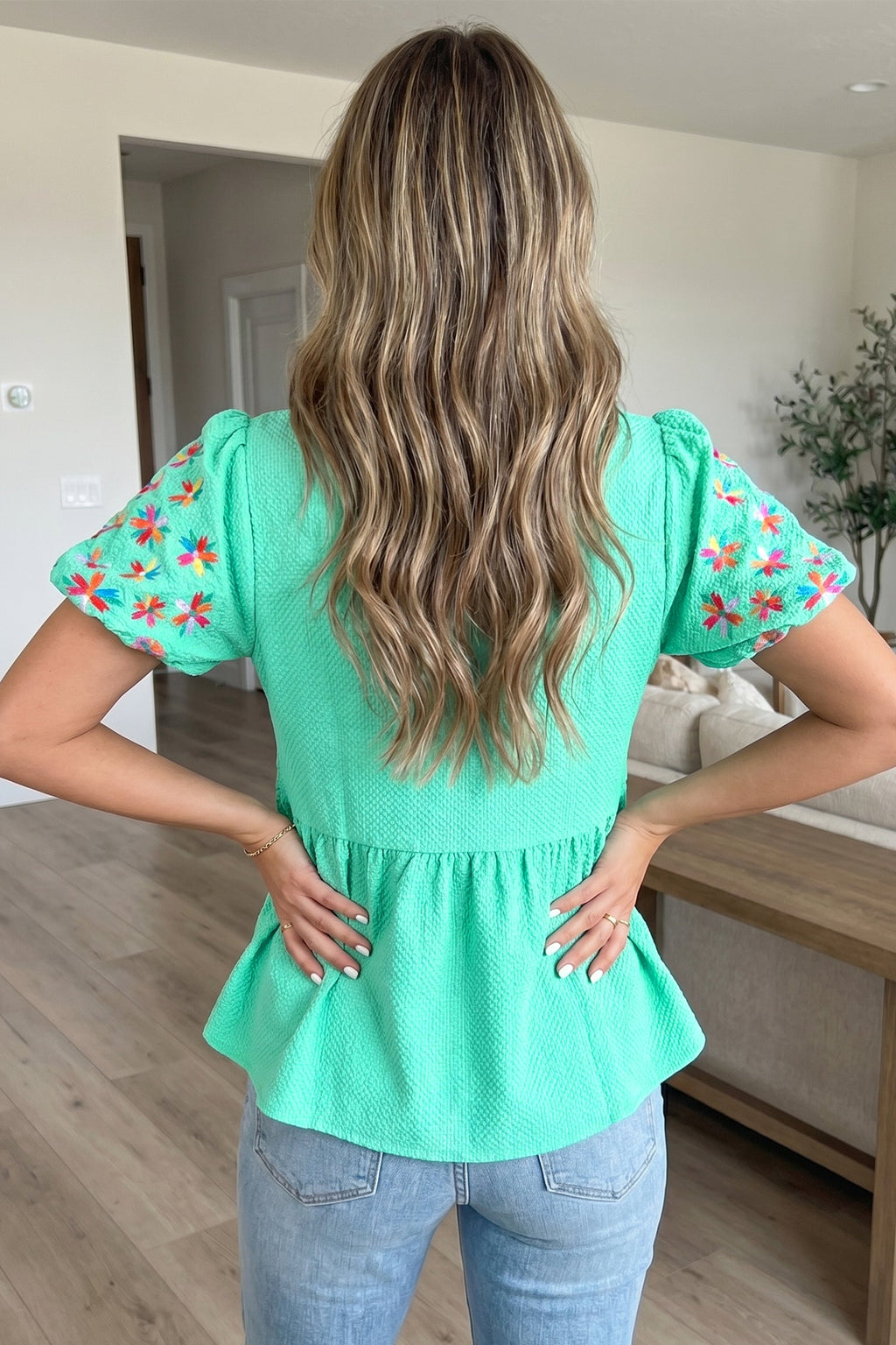 Mint Green Frilled V Neck Flower Embroidered Puff Sleeve Textured Blouse