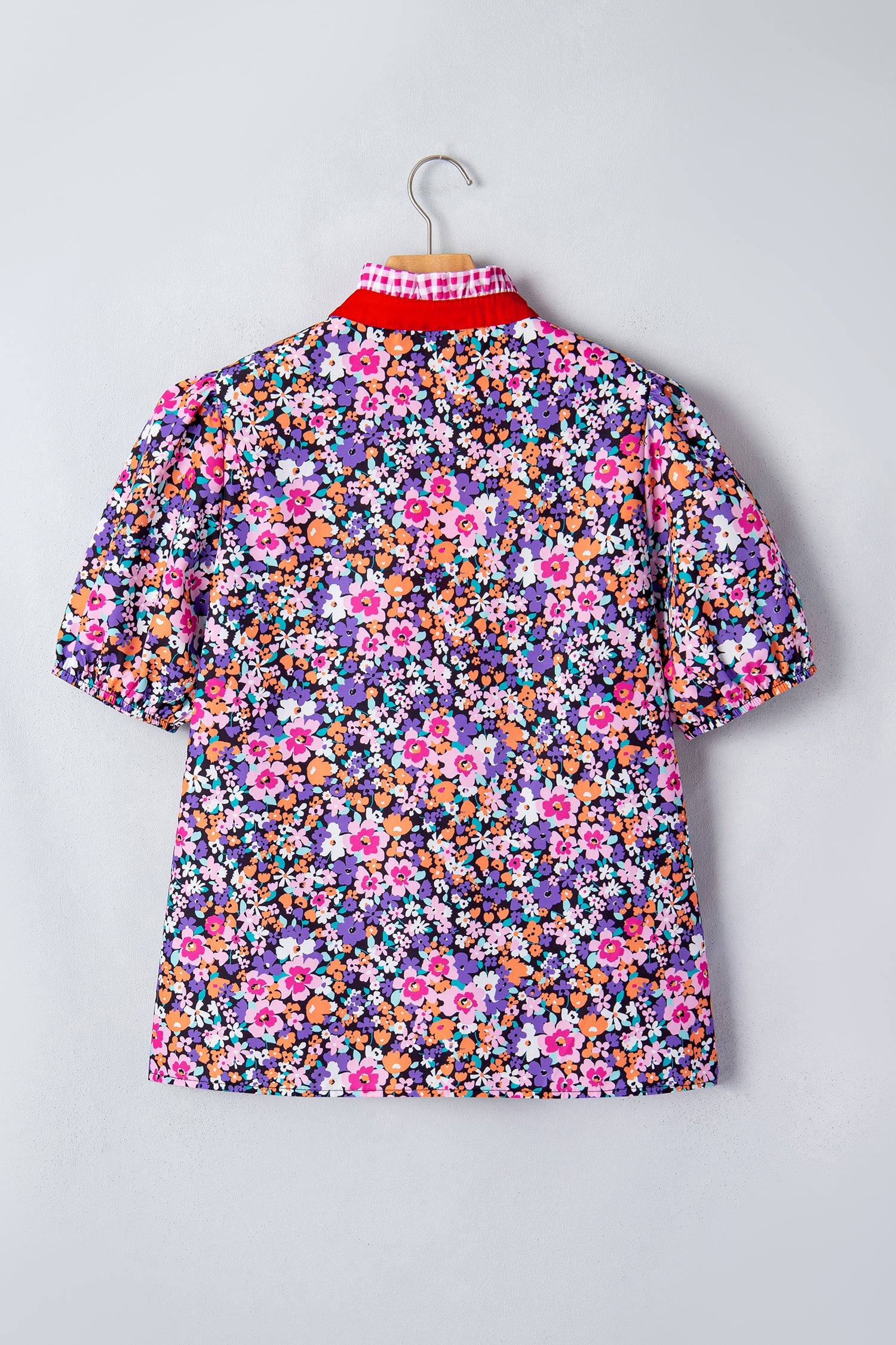 Purple Ditsy Floral Print Plaid Colorblock Trim V Neck Blouse