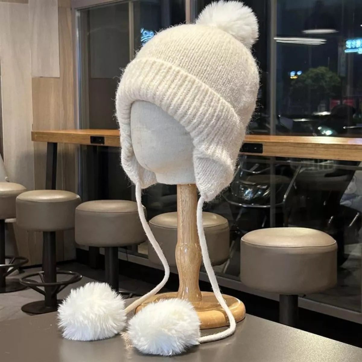 Warm Knitted Beanie Hat with Pom Pom Ear Flaps
