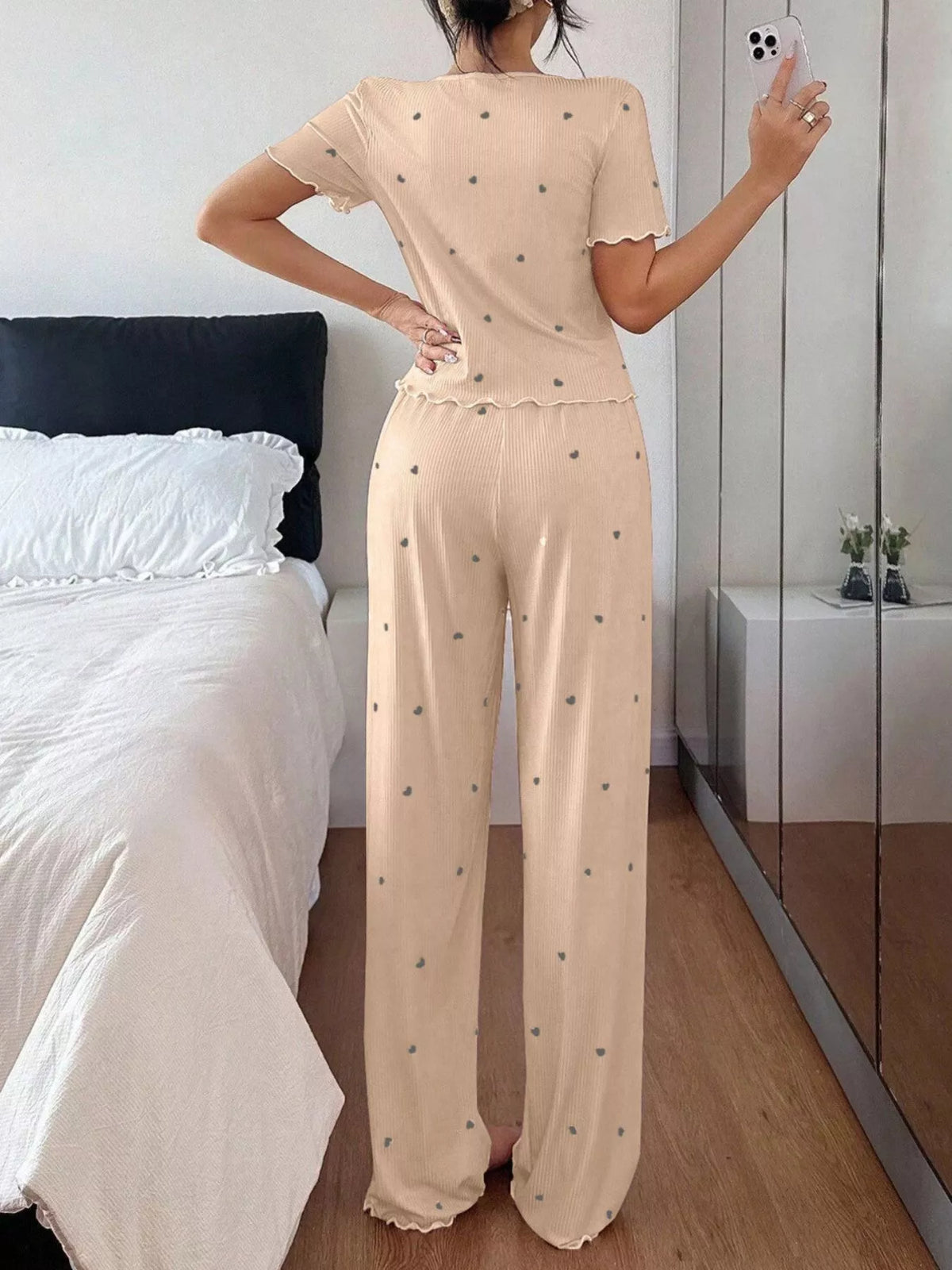 Heart Print Lettuce Trim Top and Pants Loungewear Set