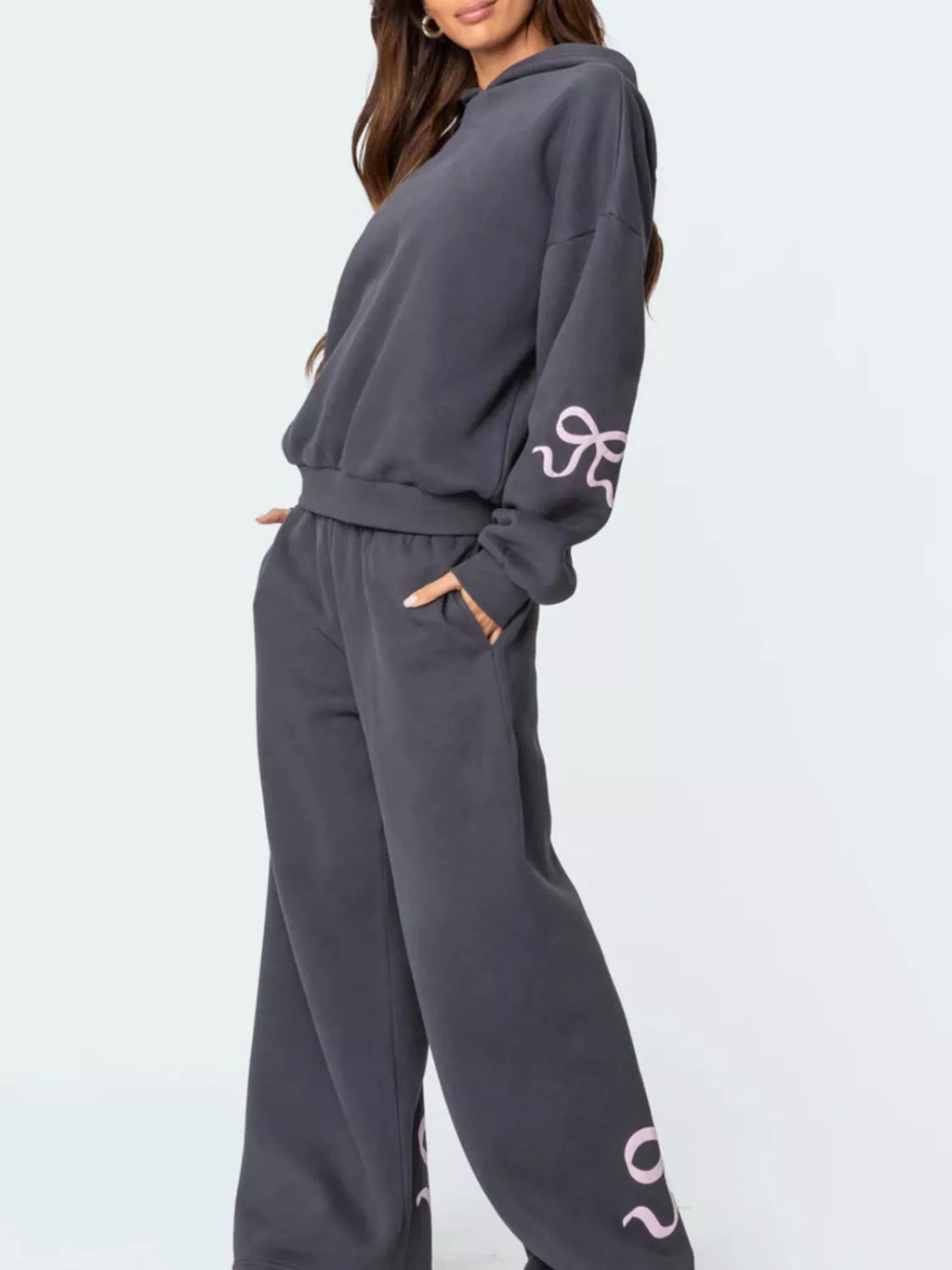 Bow and Heart Dropped Shoulder Hoodie and Pants Set