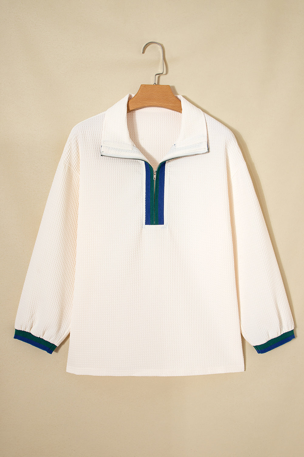Stripe Contrast Waffle Knit Zip Up Polo Sweatshirt