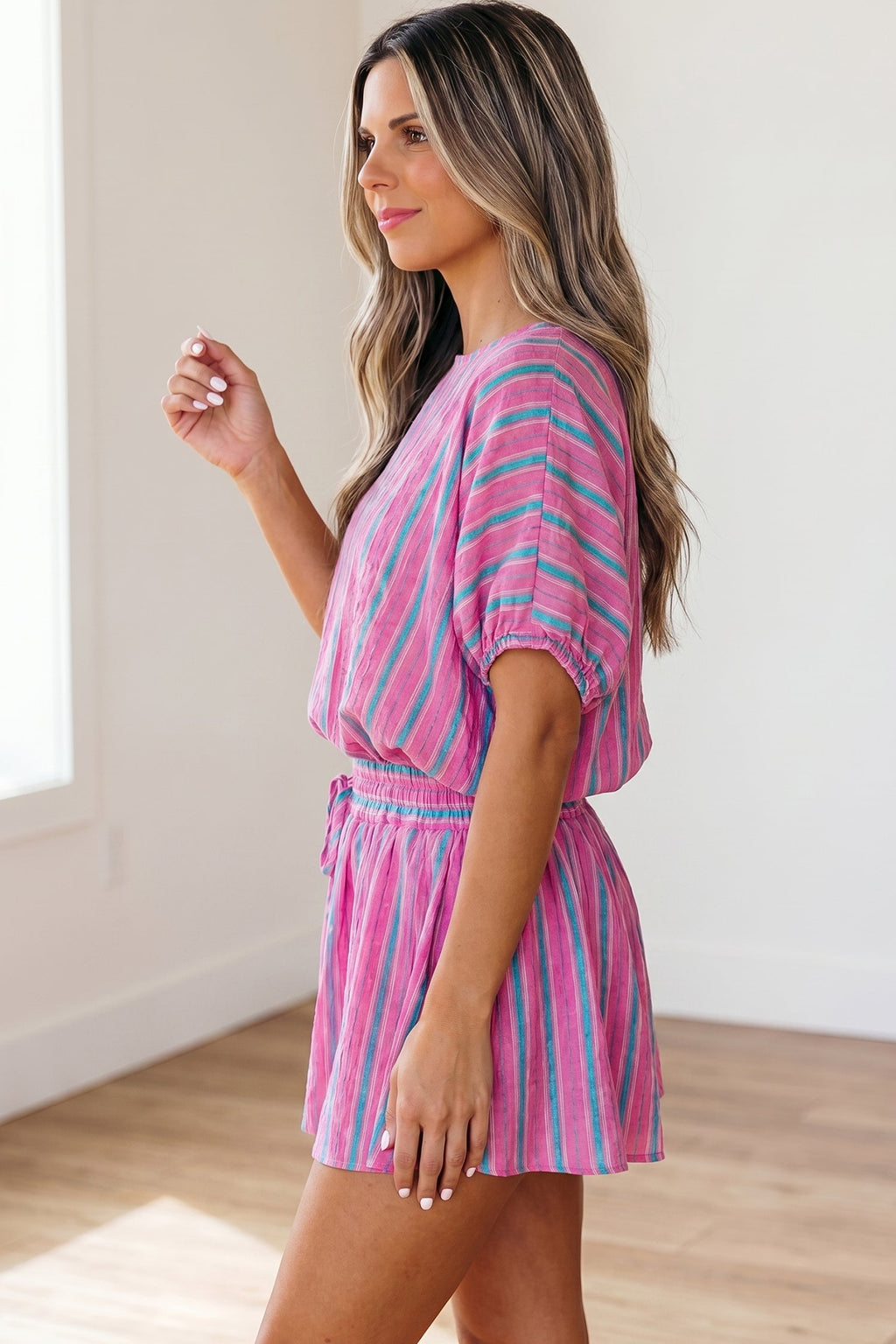 Pink Stripe Dolman Short Sleeve Blouse Drawstring Elastic Waist Loose Short Set