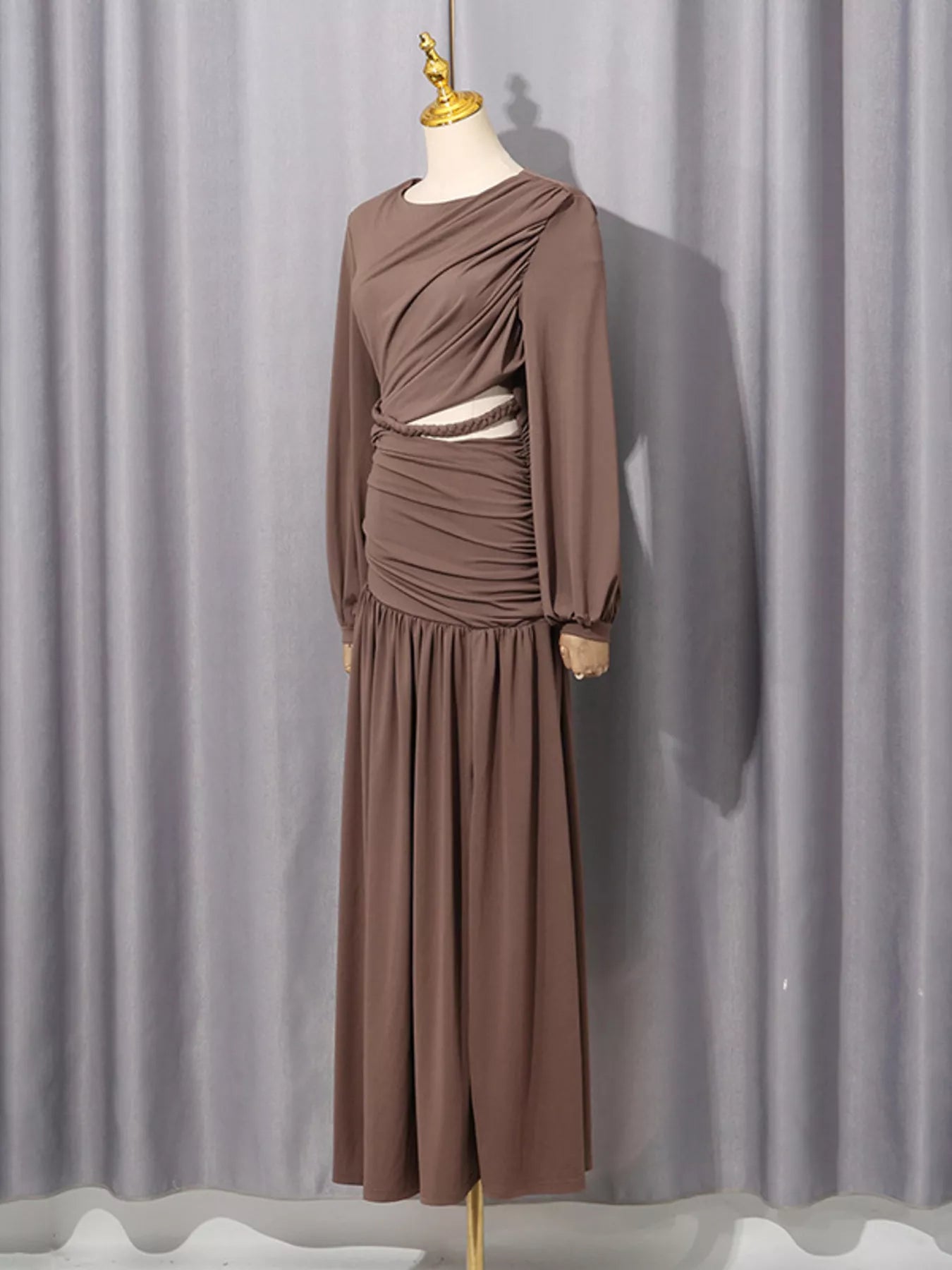 Ruched Long-Sleeve Maxi Dress with Cutout Detail