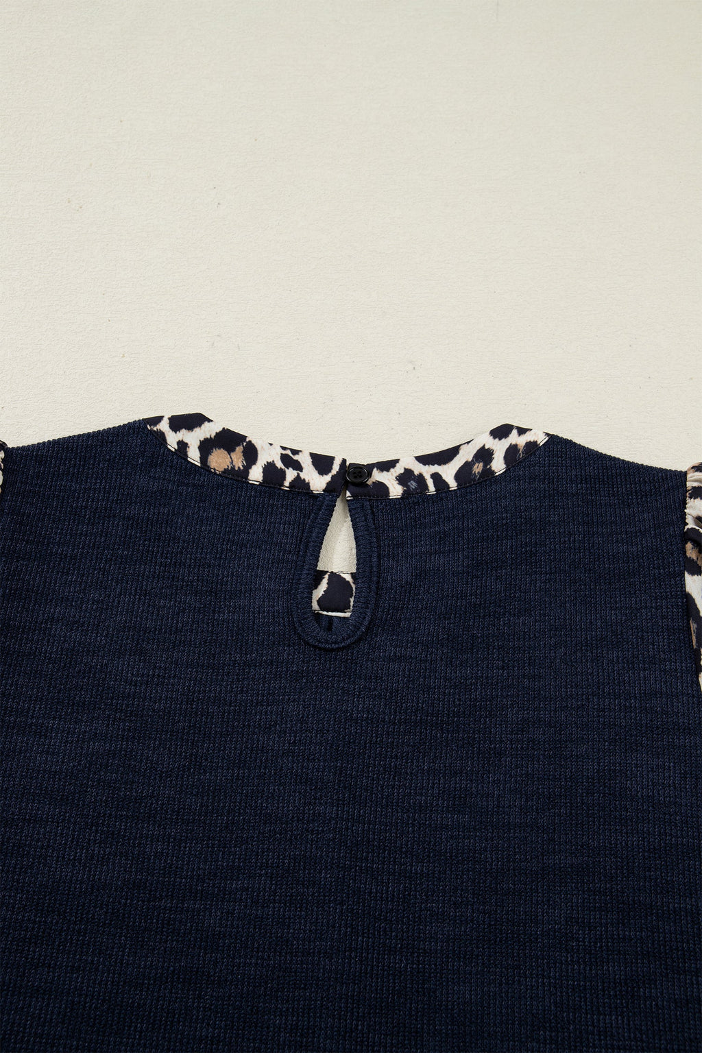 Navy Blue Ribbed Contrast Leopard Patchwork Short Sleeve Top