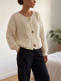 Ribbed Knit Cardigan with Gold-Tone Buttons
