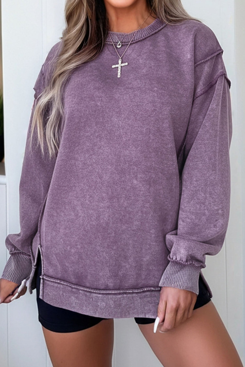 Valerian Mineral Wash Exposed Seam Side Slit Sweatshirt