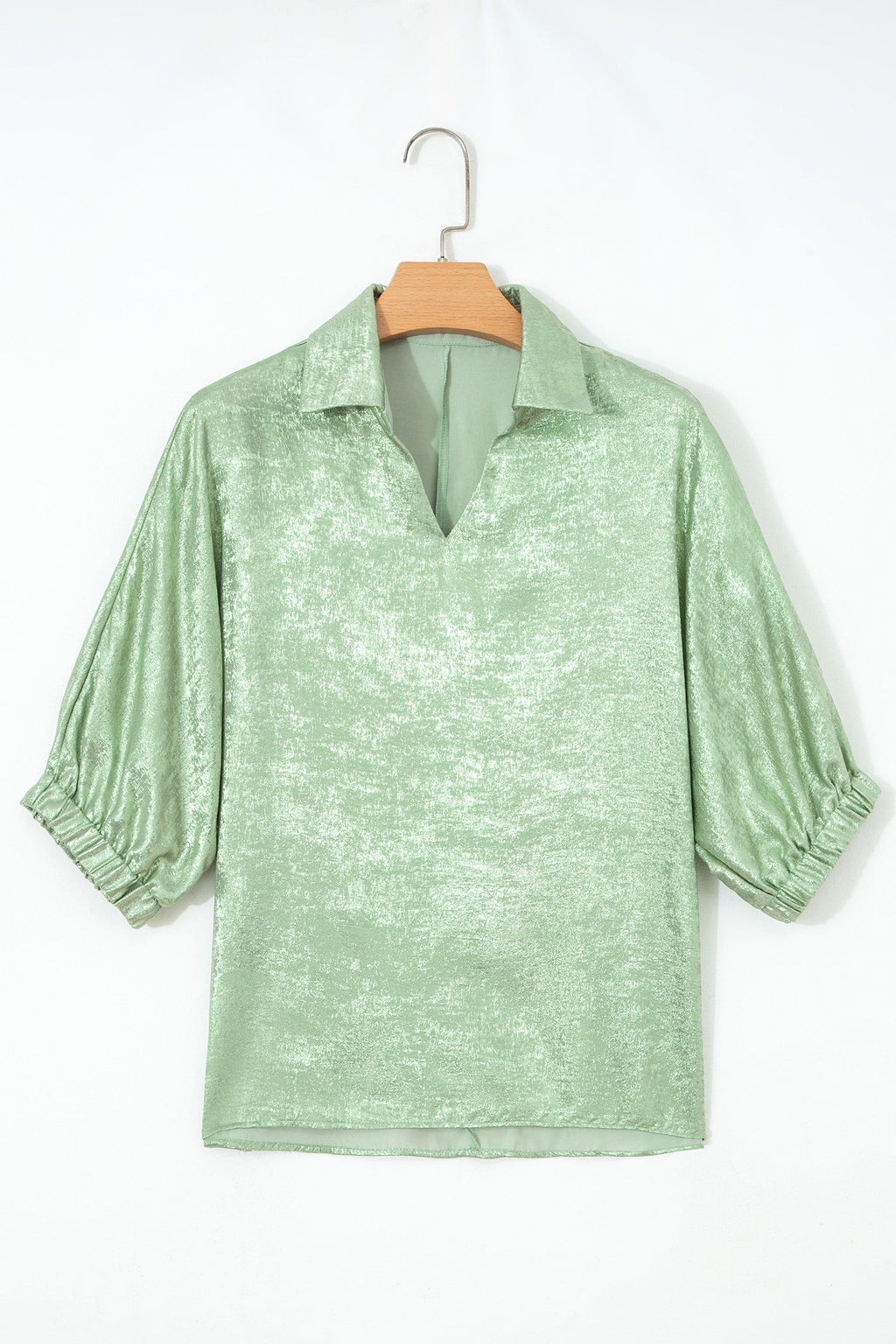 Clearly Aqua Collared V Neck Half Sleeve Metallic Top