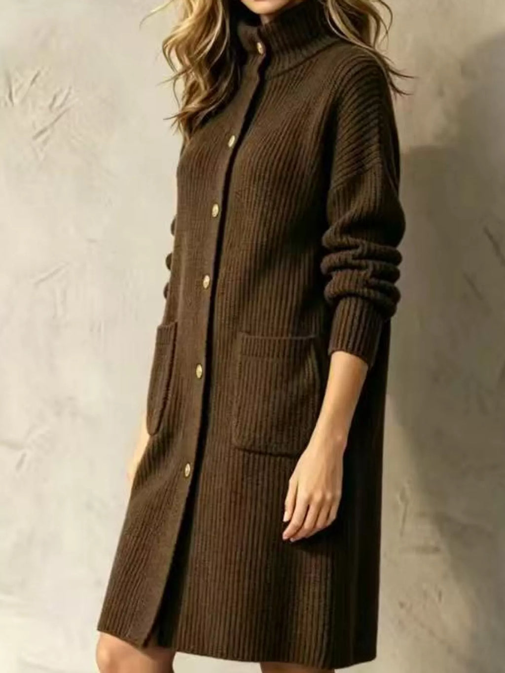 Ribbed Knit Turtleneck Button Up Longline Cardigan