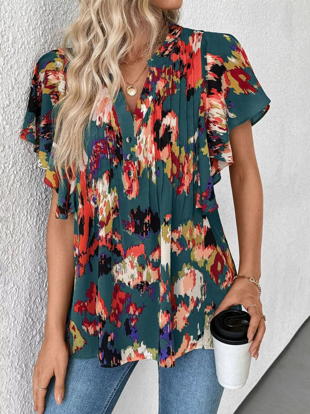 Abstract Print Ruffle Sleeve Blouse
