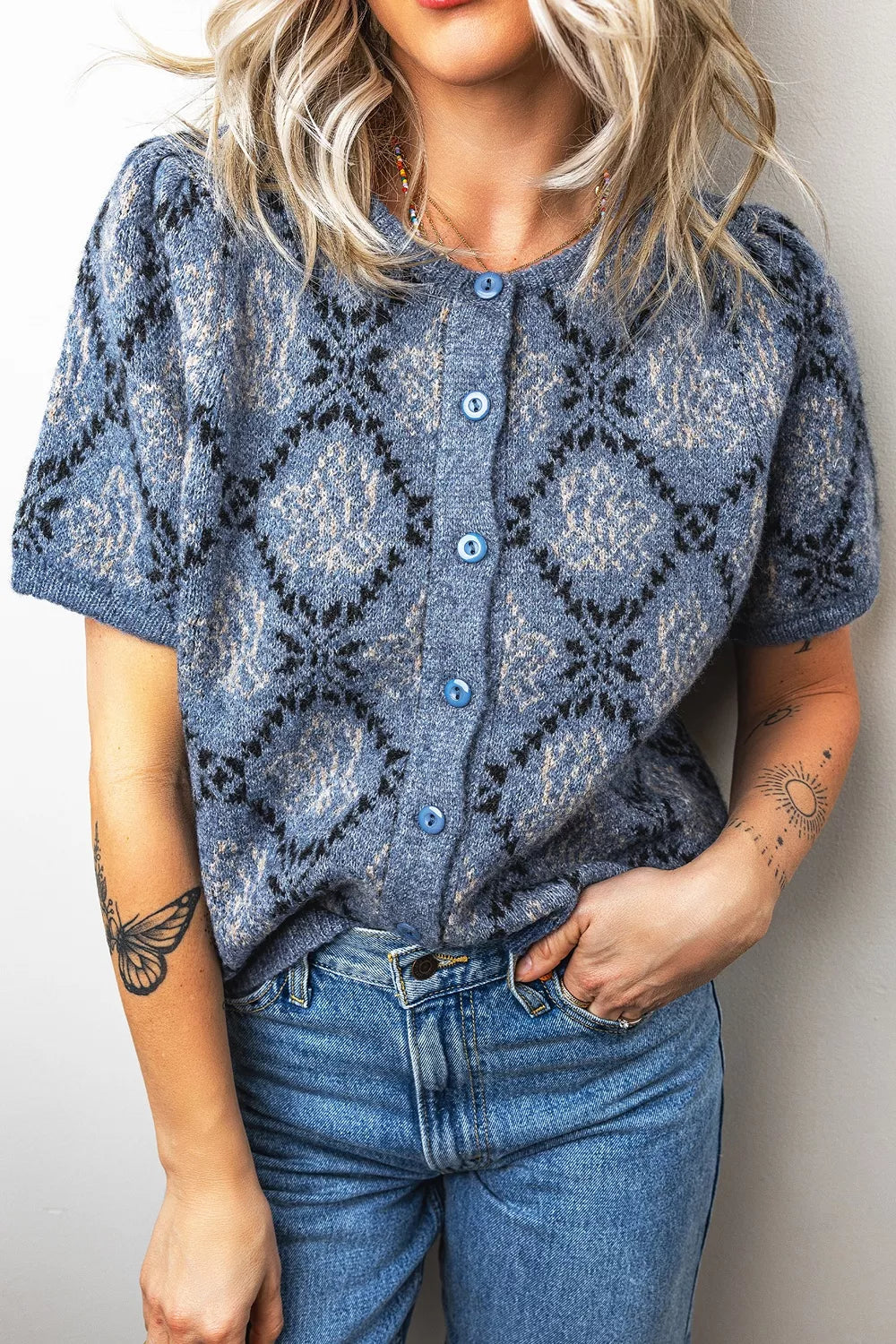 Short Sleeve Button Front Boho Knit Top Cardigan