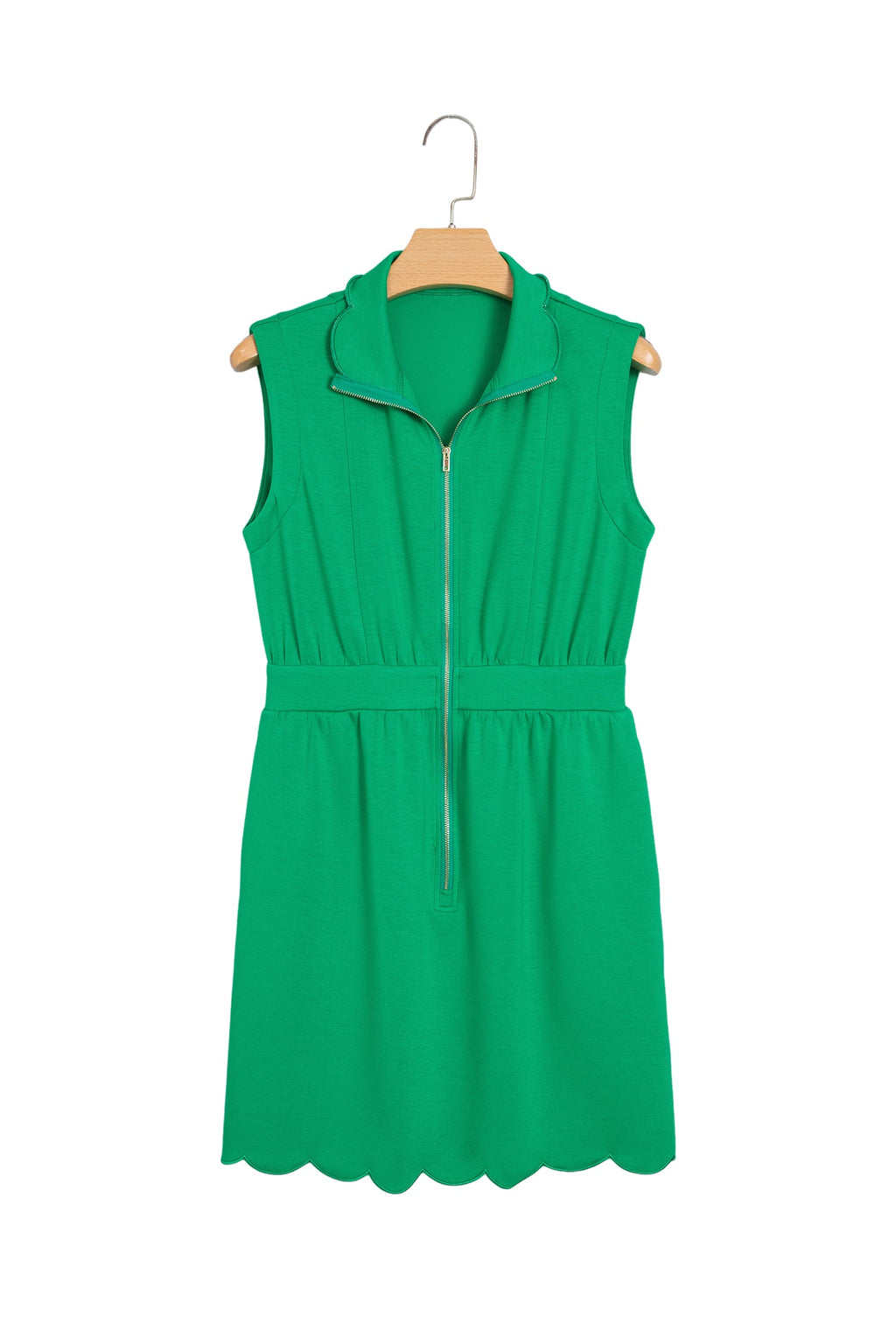 Bright Green Sleeveless Zip Front Scallop Hem Mini Dress