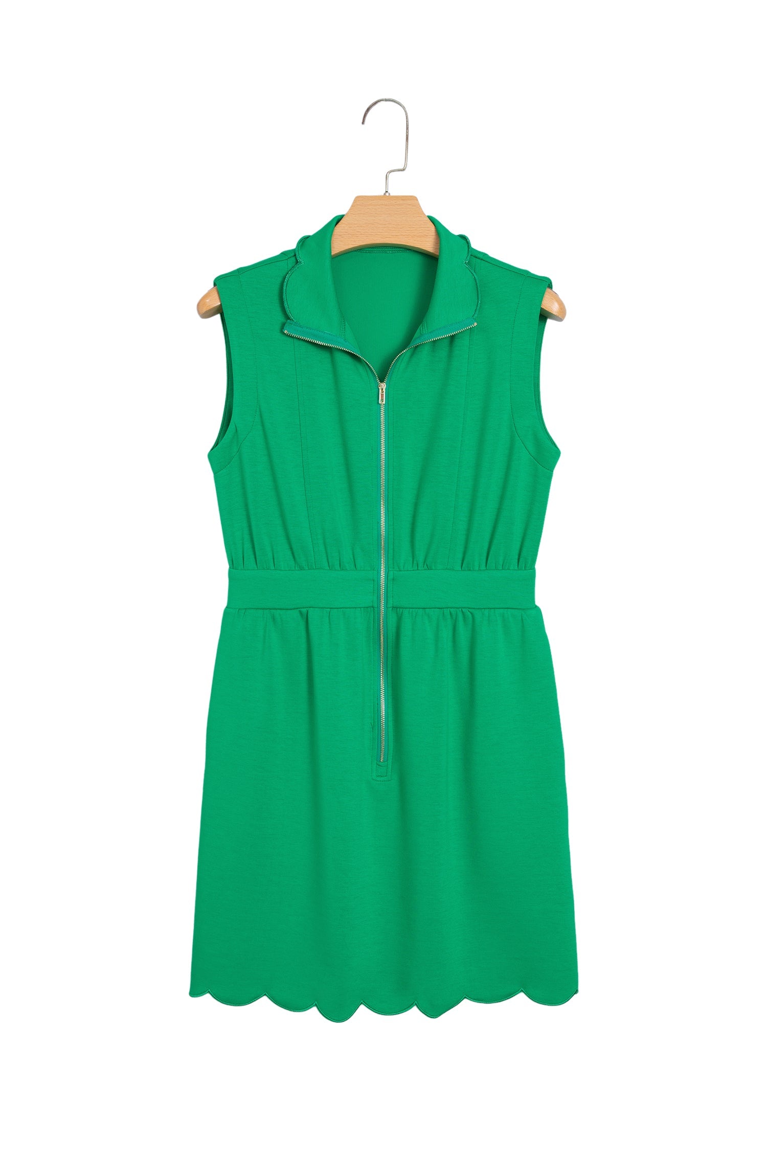 Bright Green Sleeveless Zip Front Scallop Hem Mini Dress