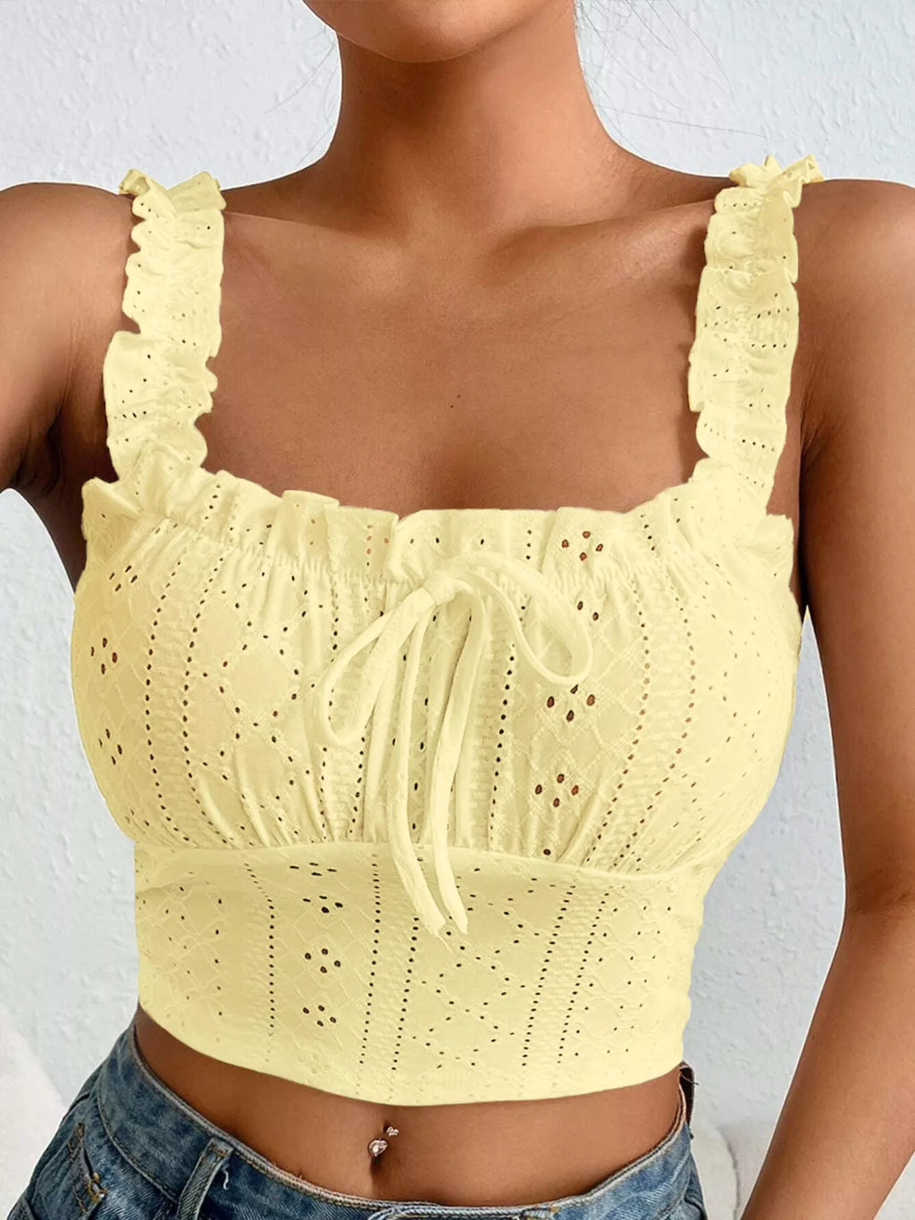 Eyelet Ruffle Strap Tie-Front Tank