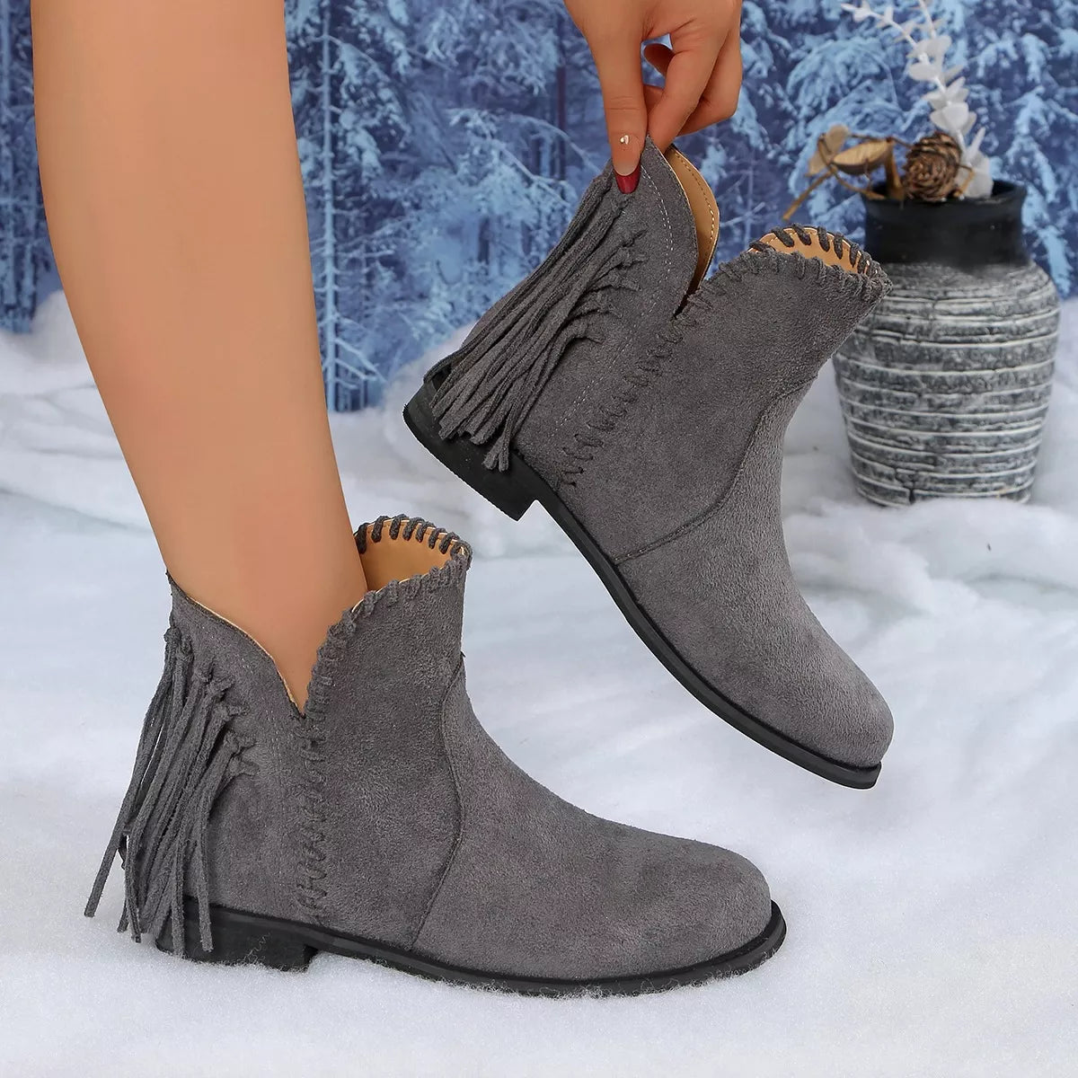 Fringe Point Toe Ankle Boots