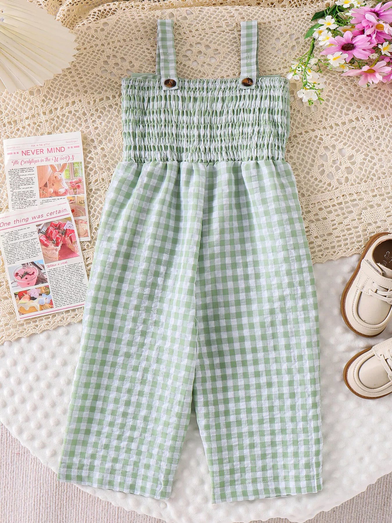 Children's Bow Plaid Wide Strap Jumpsuit