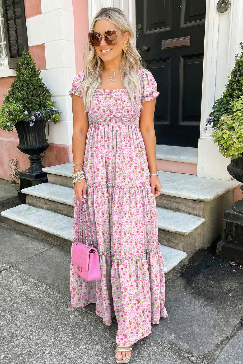 Pink Floral Short Bubble Sleeve Shirred High Waist Maxi Dress