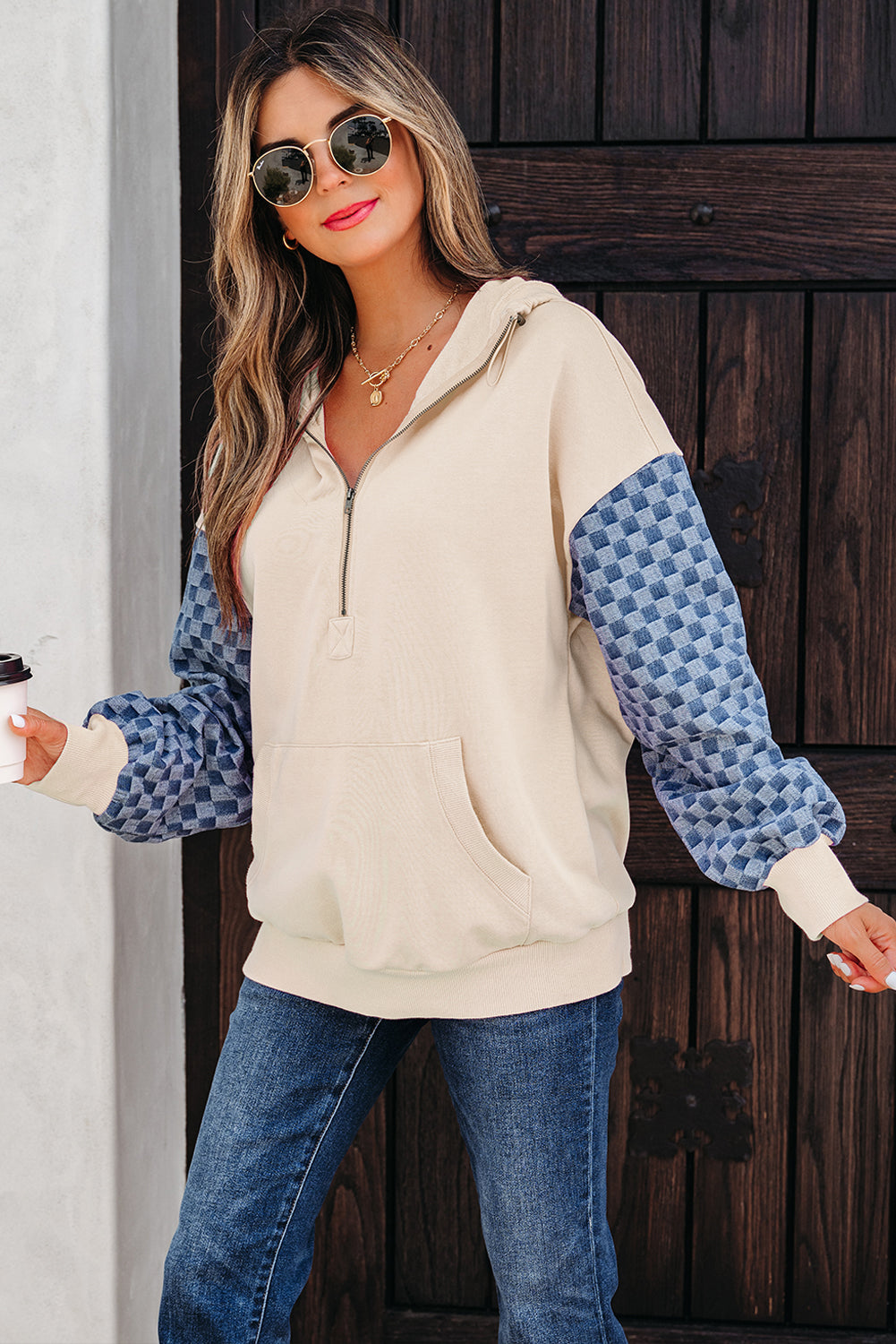 Parchment Checkered Patchwork Kangaroo Pocket Half Zipper Hoodie
