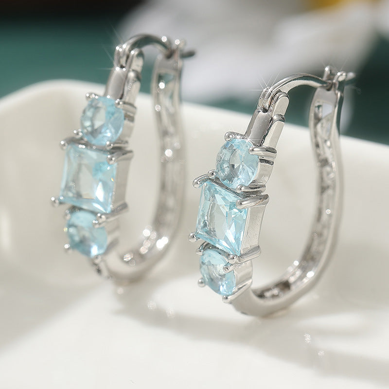 Elegant Blue Square Crystal Hoop Earrings Silver Tone Brass Women Wedding Party Fashion Jewelry Gift