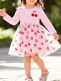 Children's Sweet Cherry Print Tulle Dress with Long Sleeves