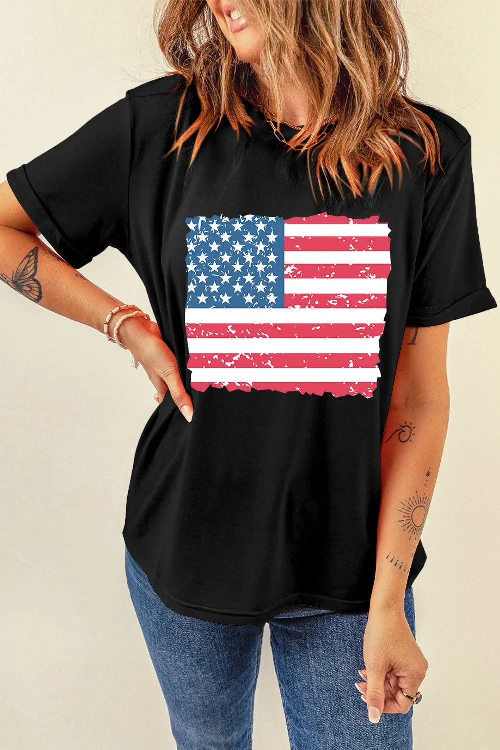 Poly Cotton US Flag Graphic Round Neck T-Shirt