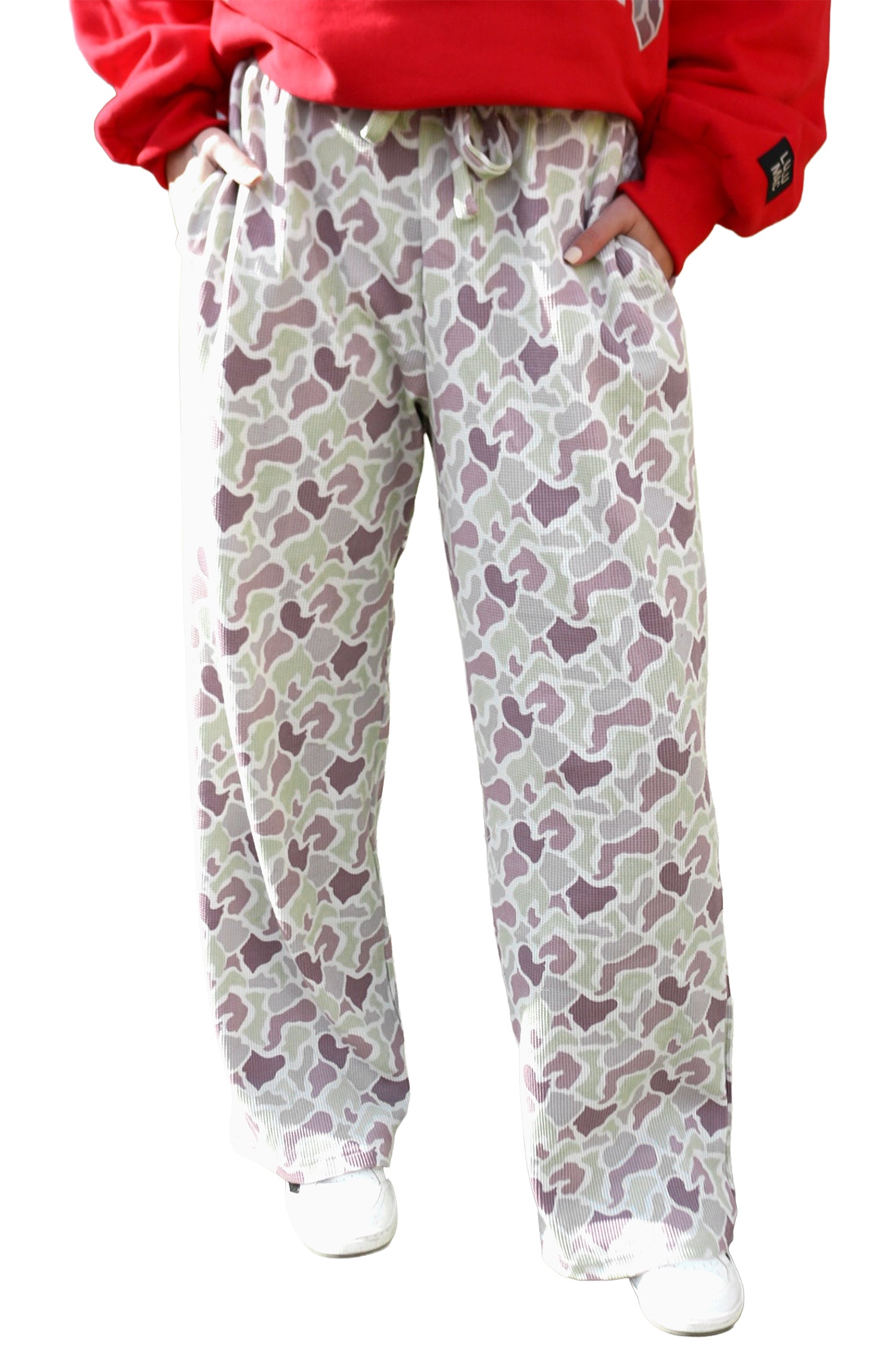 Green Camo Print Drawstring Waist Loose Fit Full Length Pants