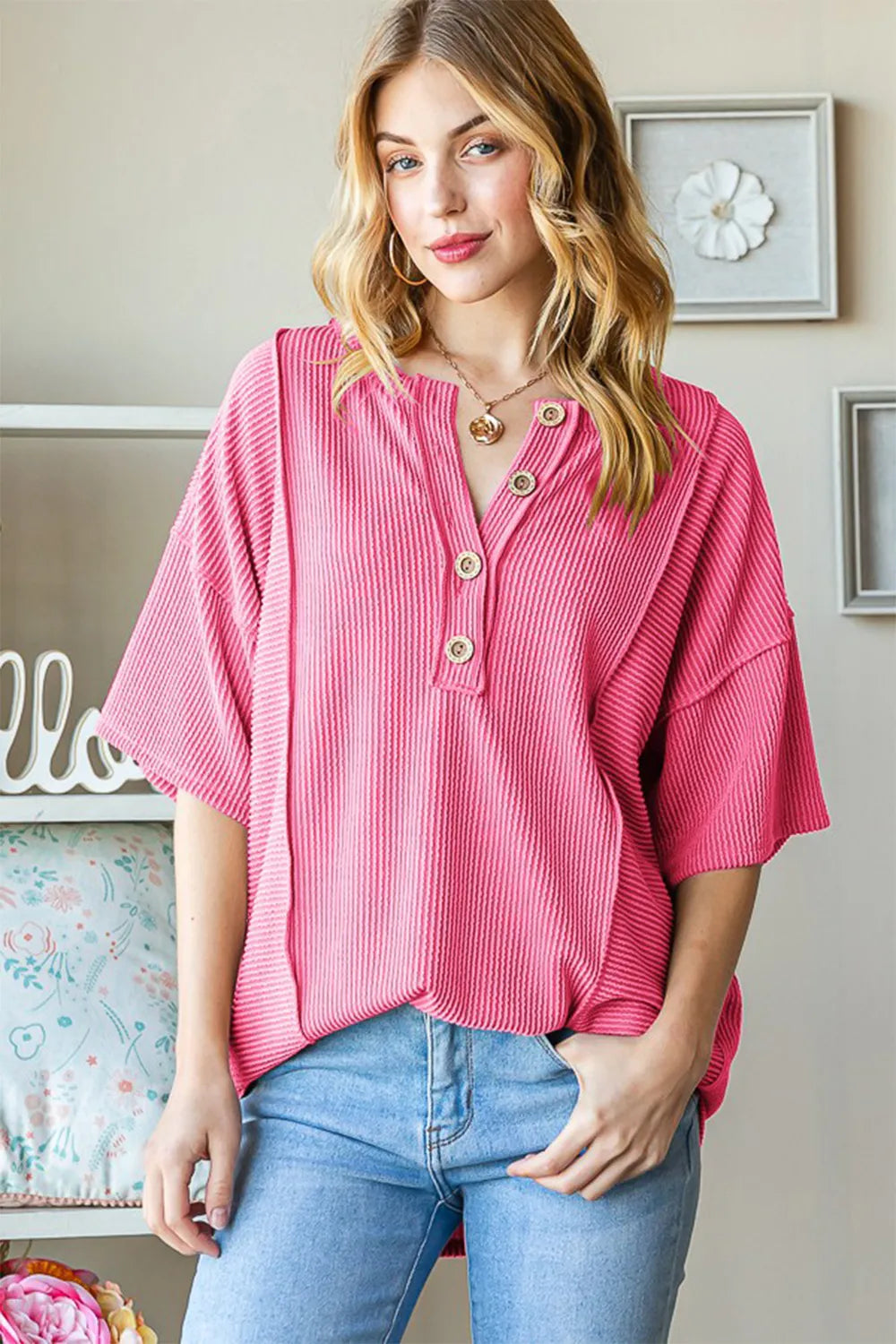 Ribbed Drop Shoulder Top with Half Button Detail