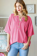 Ribbed Drop Shoulder Top with Half Button Detail