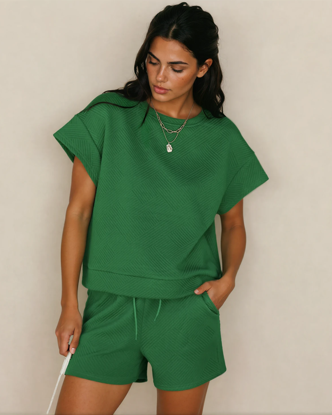 Astrid Textured Short Sleeve Top and Shorts Set - Green