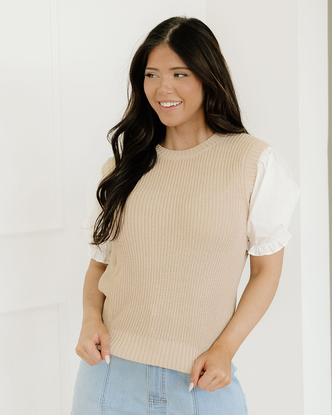 Seraphina Round Neck Knit Contrast Short Sleeve Patchwork Sweater Top