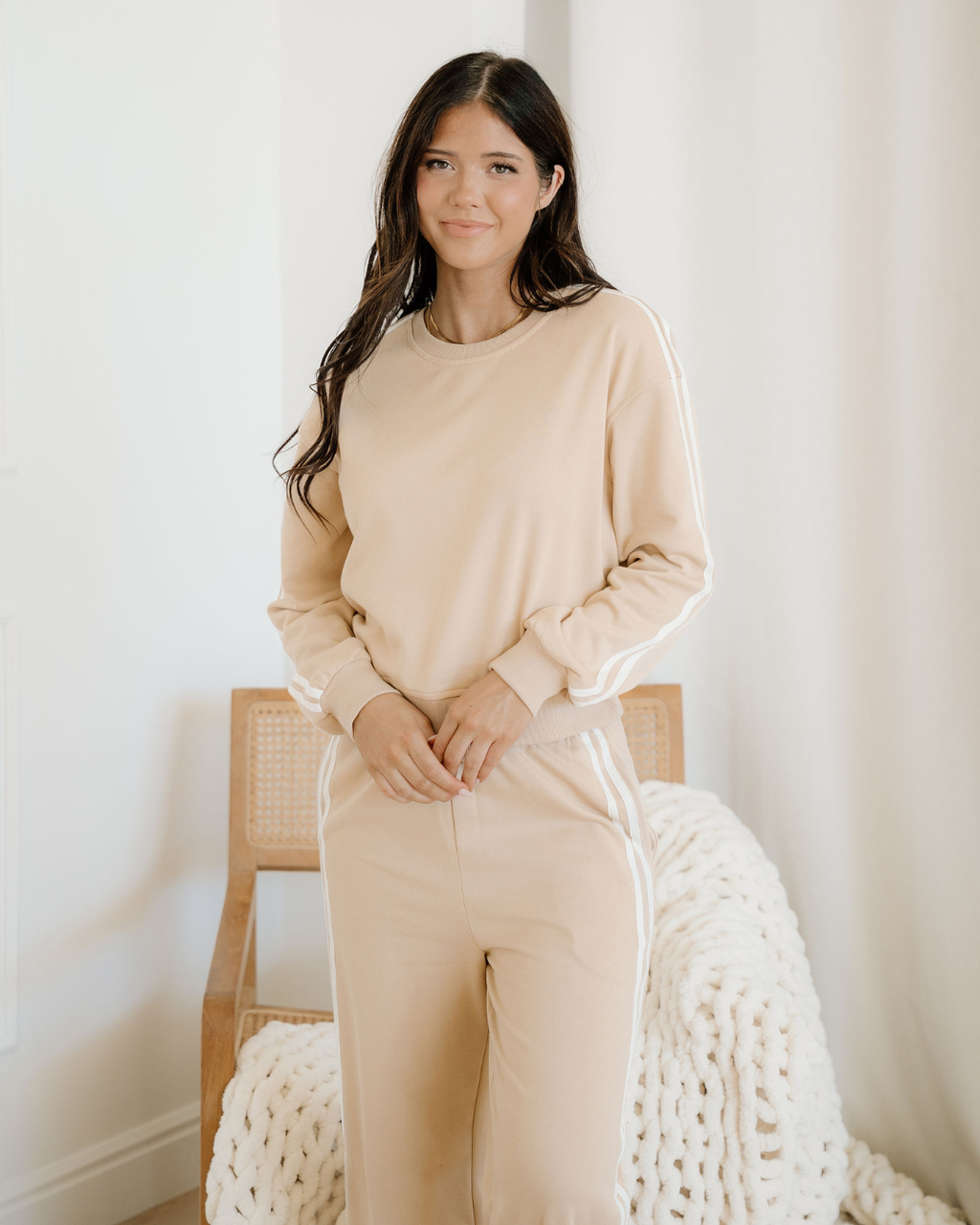 Varsity Pullover Wide Leg Pants 2pcs Outfit - Oatmeal