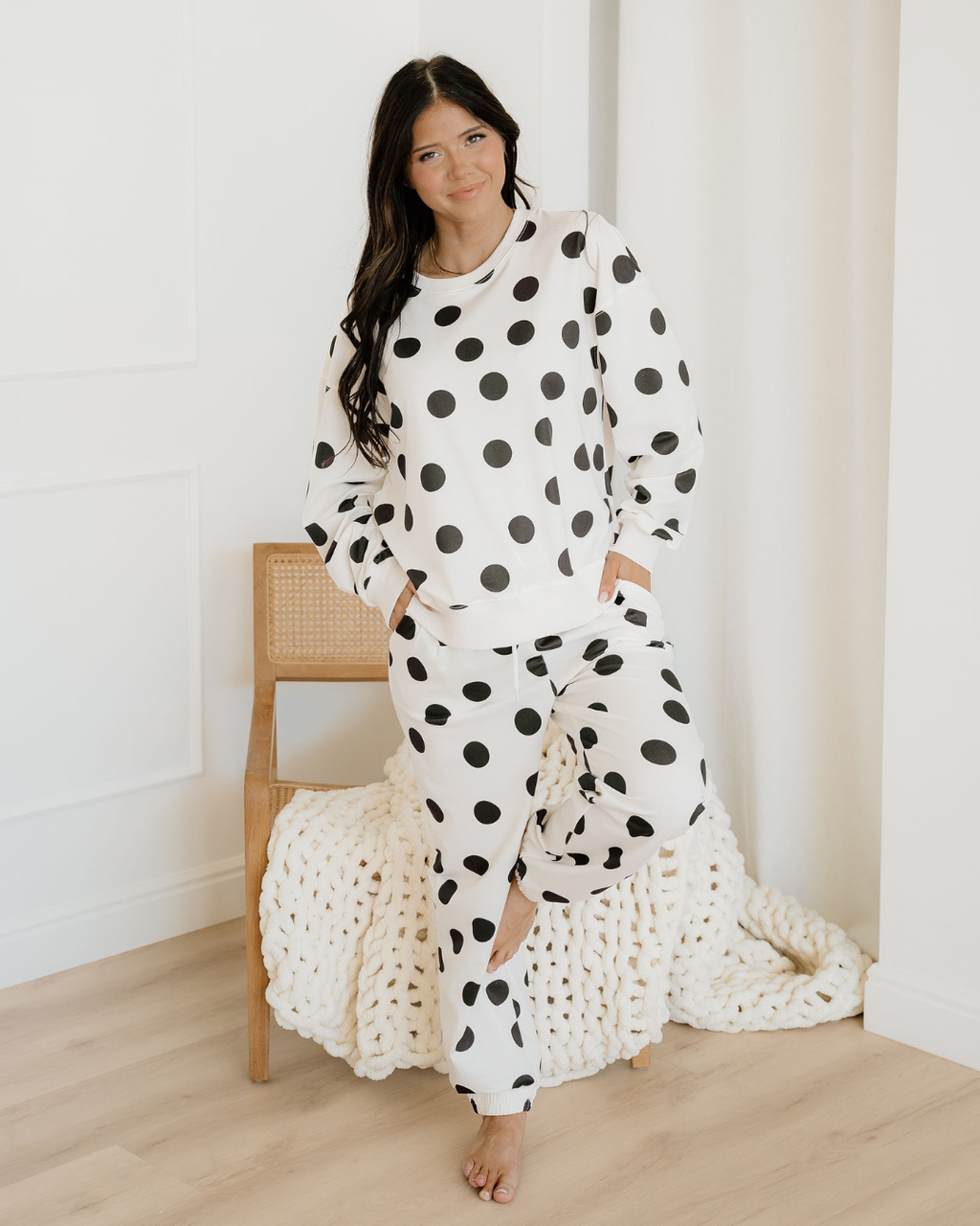 Polka Dot Print Drop Shoulder Pullover Drawstring Jogger Pant Set - Beige