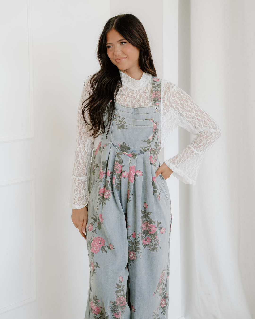 Floral Pleated Wide Leg Denim Overalls