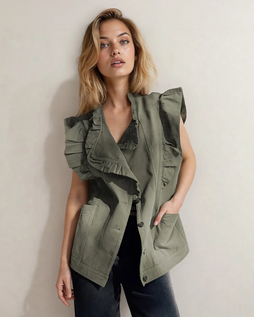Margot Ruffle Plain Denim Jacket Vest - Green