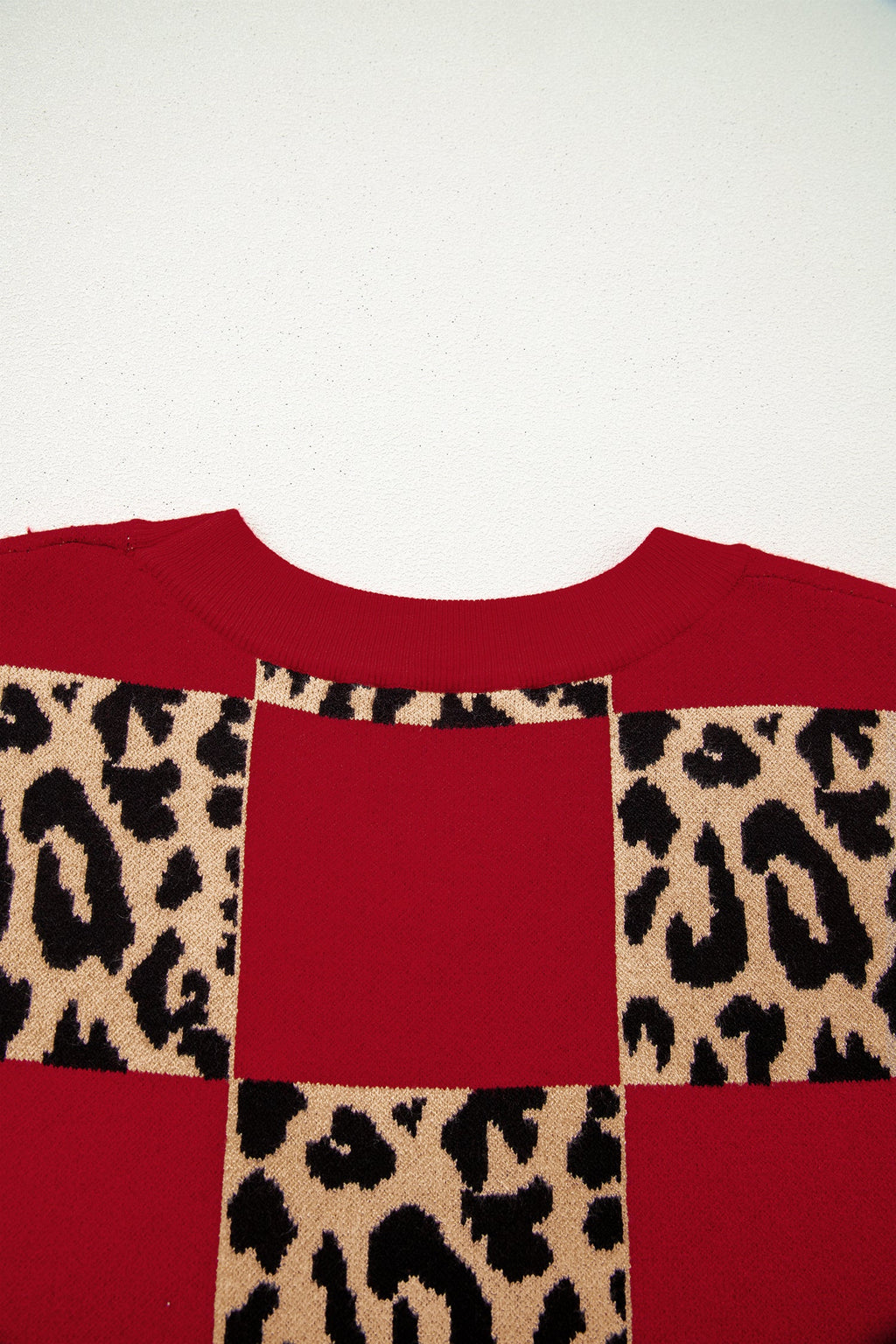 Red Plus Size Leopard Contrasted Checkered Short Sleeve Sweater