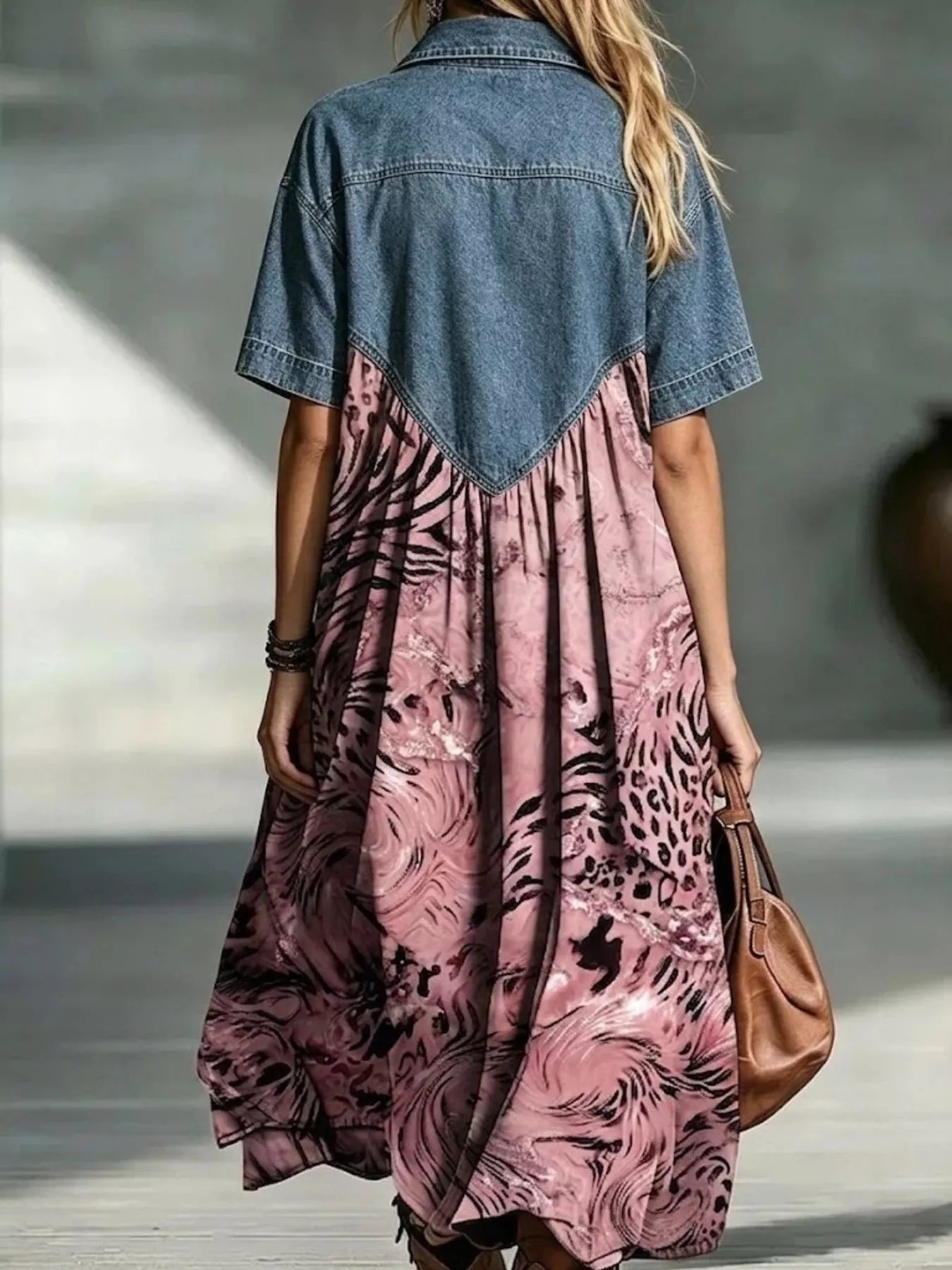Full Size Denim Patchwork Printed Shirt Dress Plus Size
