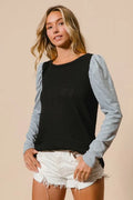Contrast Puff Sleeve Cable Knit Sweater with Round Neck