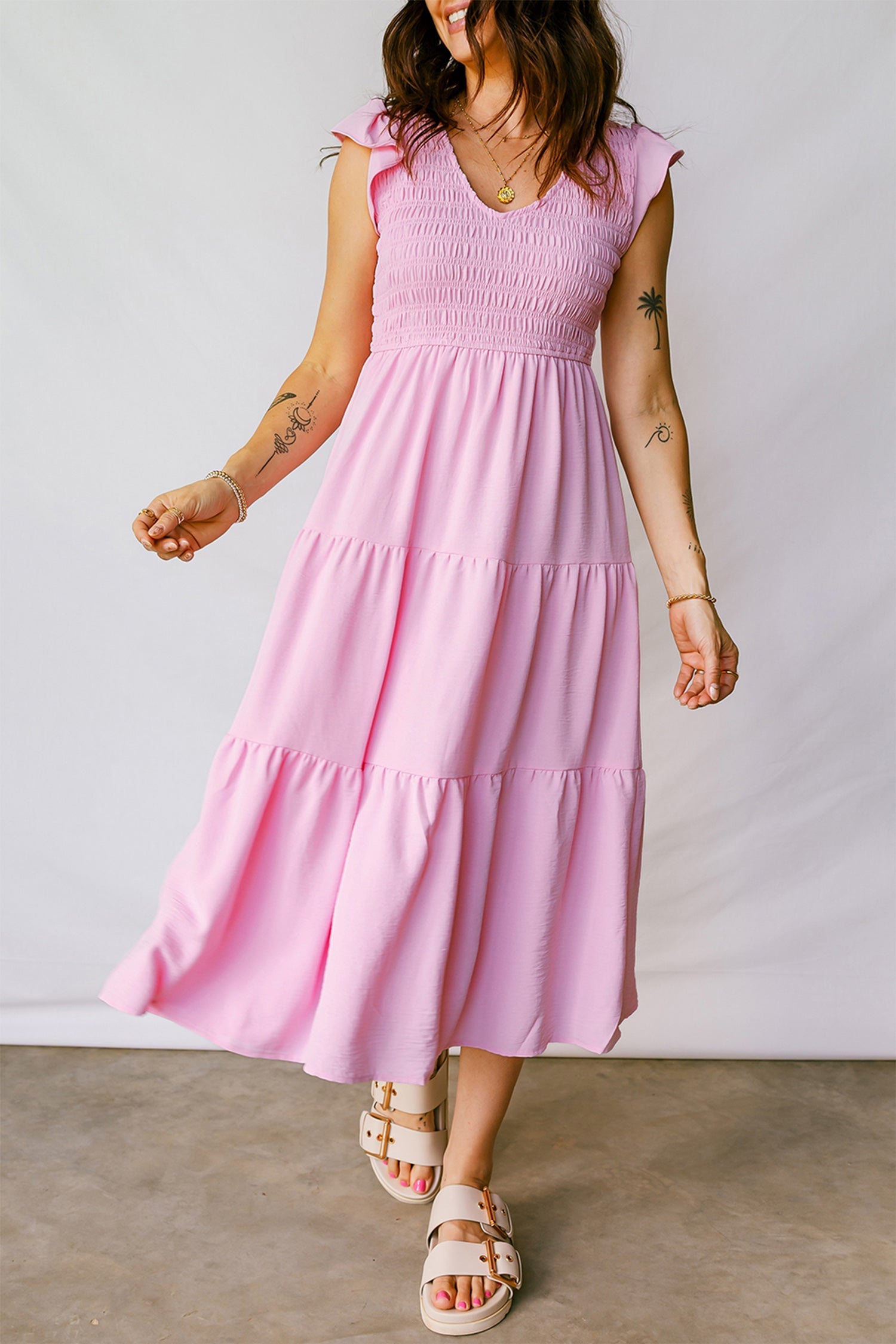 Pink Smocked Bodice Flutter Sleeve Fit Flare Tiered Midi Dress