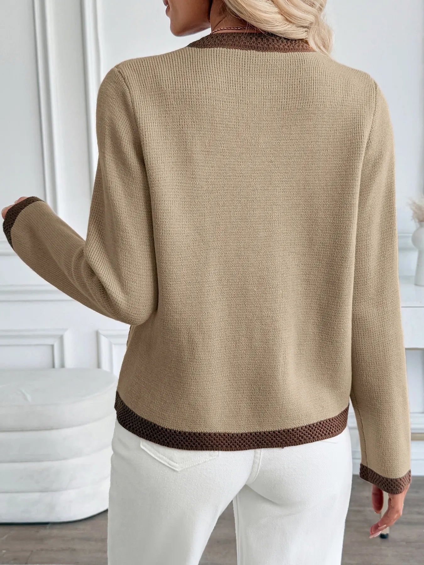 Button-Front Cardigan with Contrast Trim