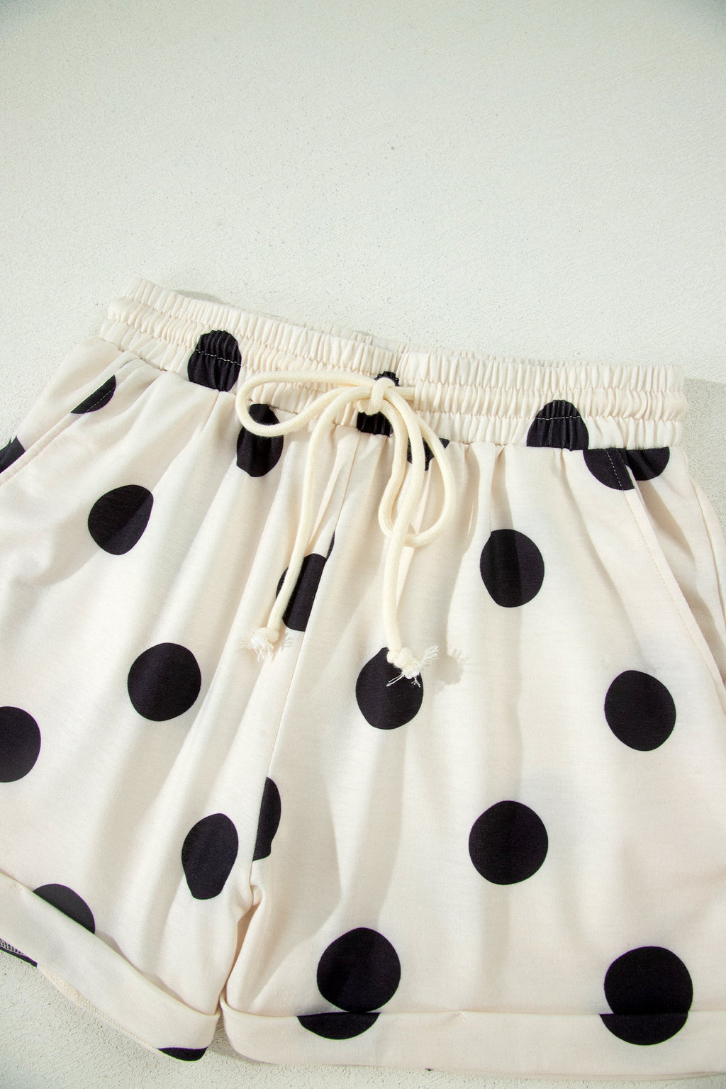 Beige Polka Dot Print V Neck Tee Short Set